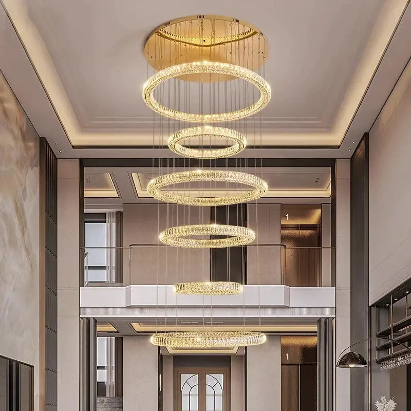6 Ring Crystal Modern Stairway Chandelier - Elegant LED Staircase Lighting Fixture for Home Decor, Hallway, and Foyer (Indoor Use)