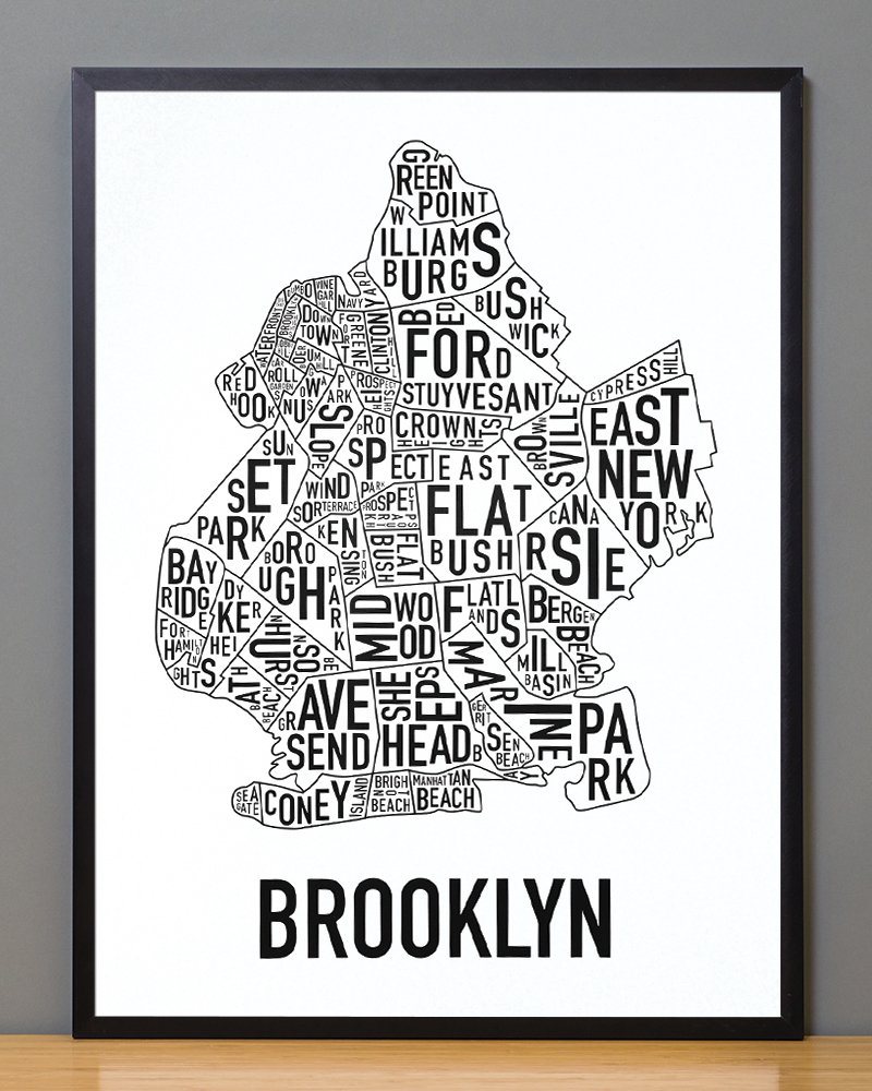 Framed Brooklyn Neighborhoods Map Art Poster - Black & White Wall Decor - 18
