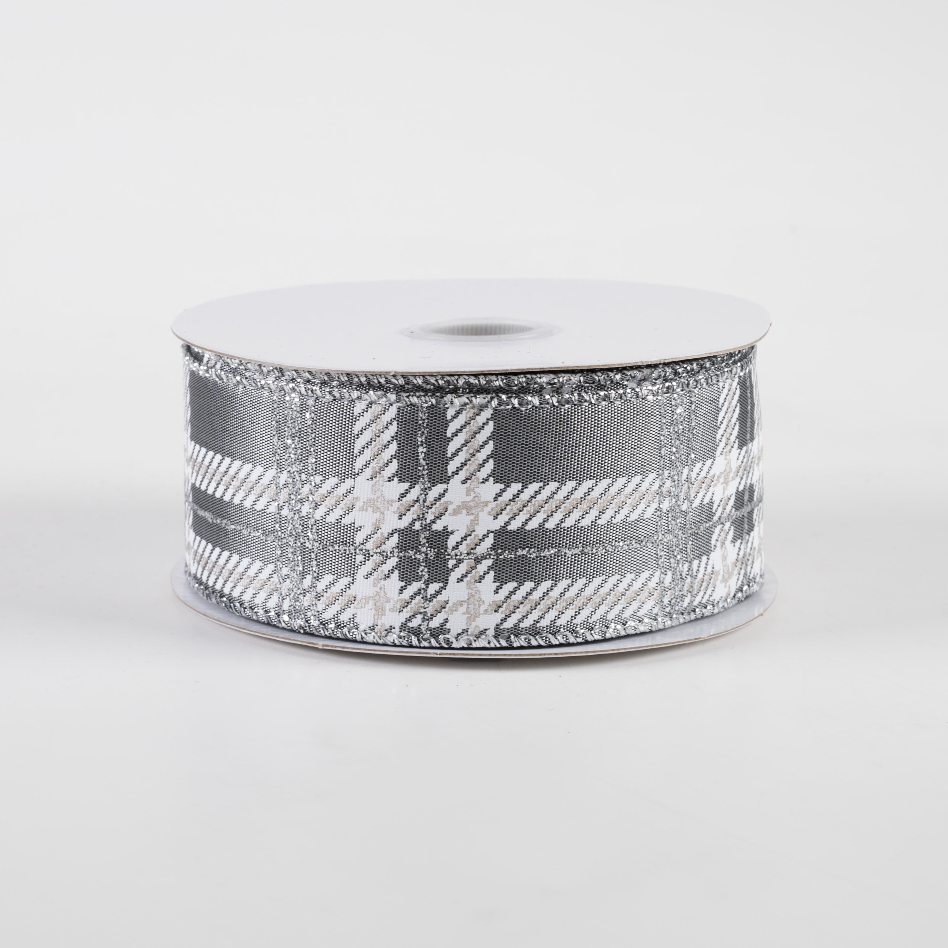 1.5 Inch Plaid Print Ribbon - Grey Satin, White & Silver Glitter Ribbon for Gift Wrapping, Crafts & DIY Projects (10 Yards)