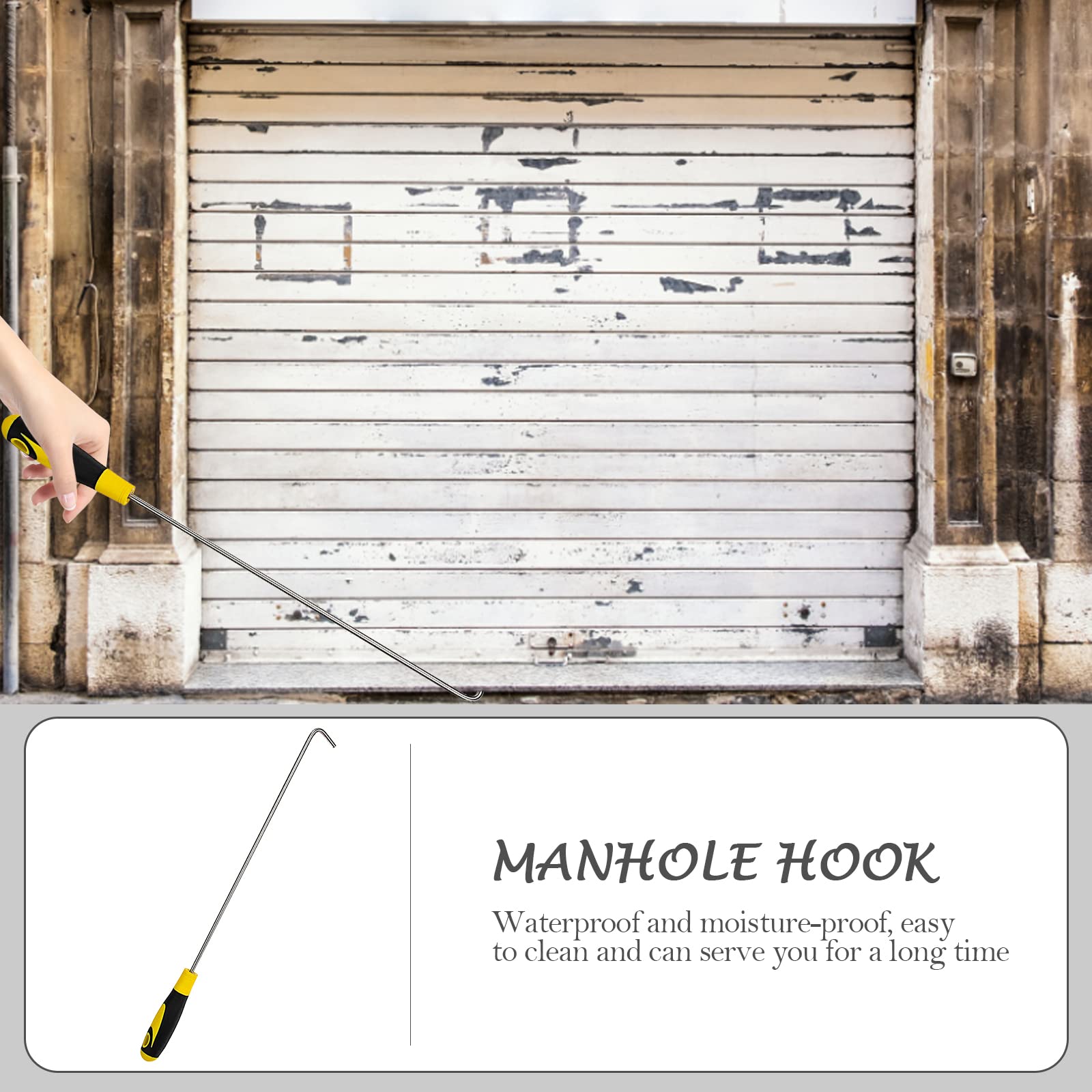 Stainless Steel Roller Shutter Hook & Manhole Pull Hook - Heavy Duty T Handle Lift Tool with Rubber Grip for Garage Doors, Sewer Access, and Industrial Use | Durable Household & Commercial Hardware