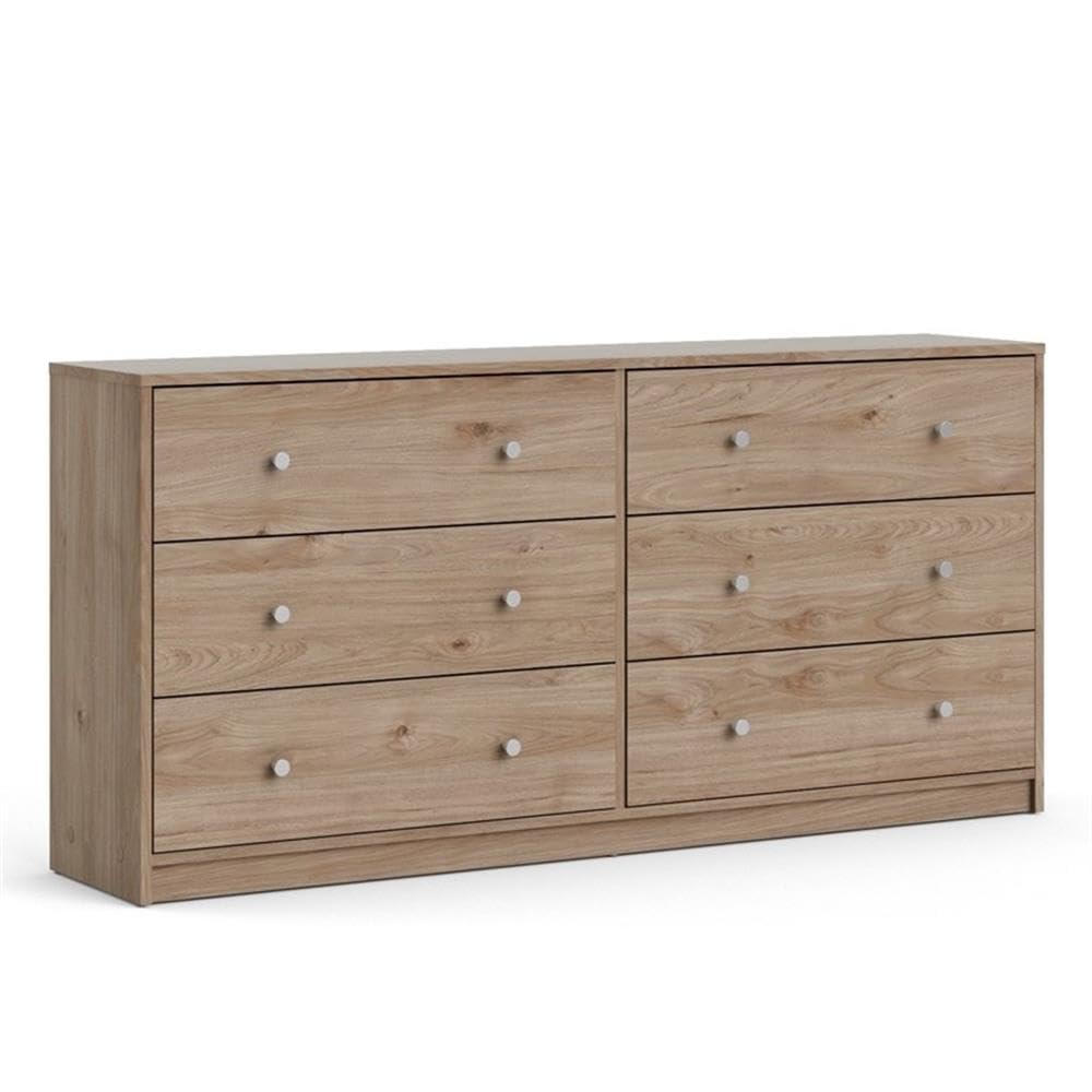 6-Drawer Engineered Wood Contemporary Wide Double Dresser with Plastic Pewter Handles & Smooth Glides - Oak Finish Dresser for Bedroom, Living Room & Office Storage