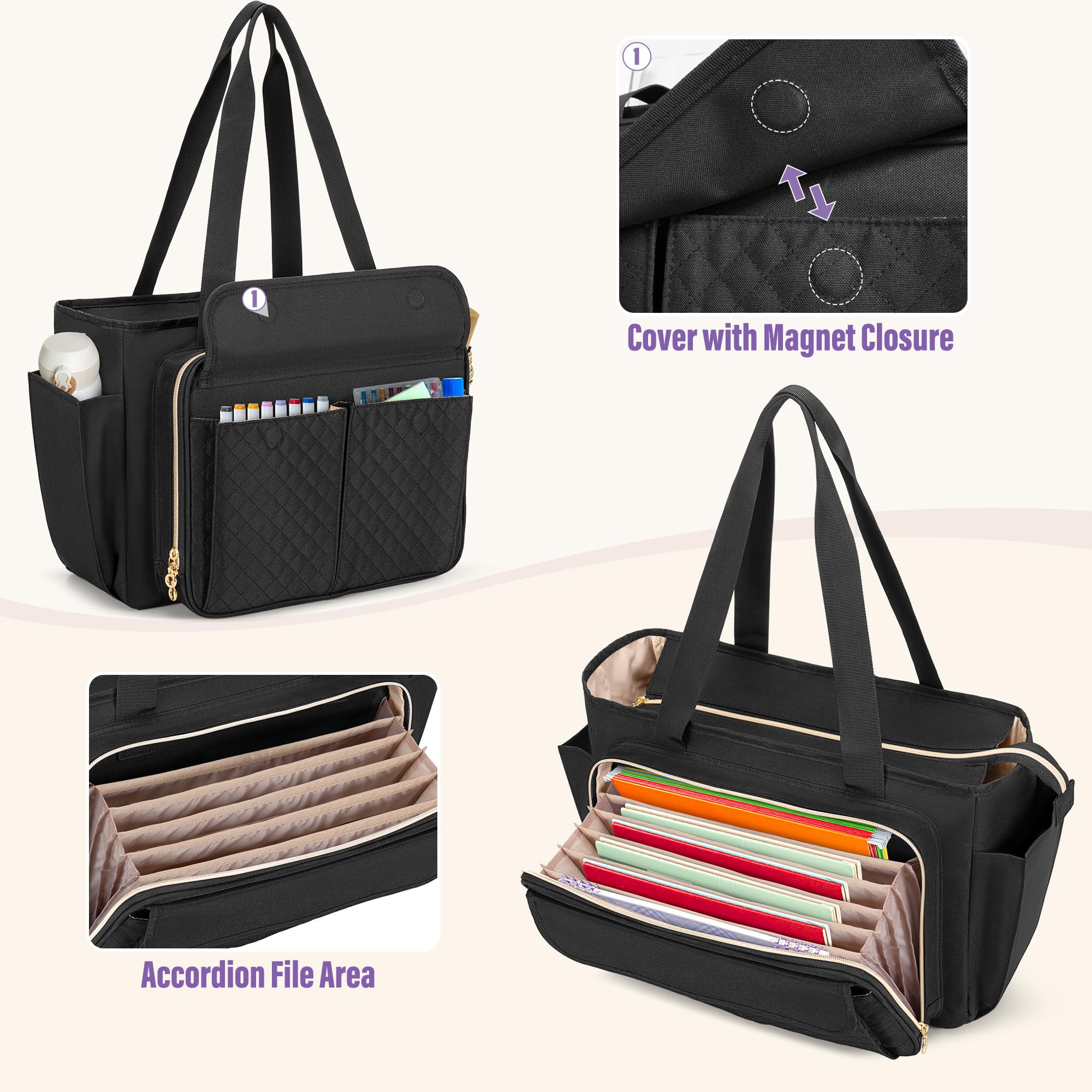 LUXJA Professional Teacher Tote Bag for Women - Waterproof Work Bag with Accordion File Organizer & Laptop Sleeve (15.6 Inch), Durable Black Teacher Bag - Perfect for Classroom, School, Office & Commuting