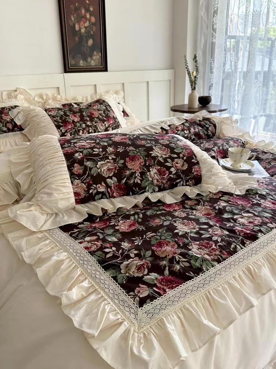LELVA Floral and Plaid Print Duvet Cover Set with Ruffled Bed Skirt - 4 Piece Twin Bedding Set for Girls, 100% Cotton Country Style in Green | Perfect for Kids' Bedrooms, Dorm Rooms & Farmhouse Decor