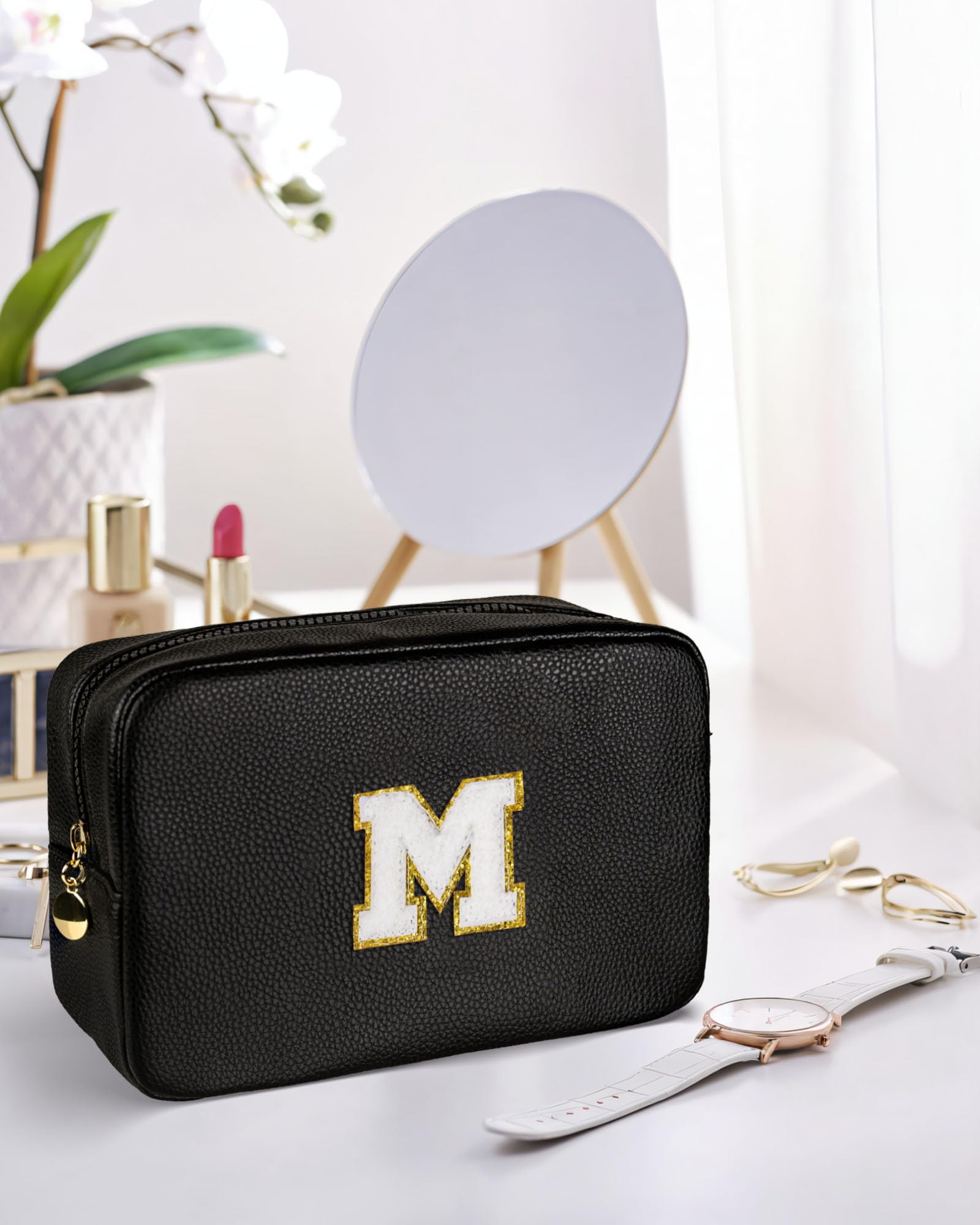 Personalized Leather Makeup Bag for Women - Monogrammed Chenille Letter Cosmetic Pouch, Waterproof Travel Toiletry Organizer | Perfect Birthday & Christmas Gift for Her, Ideal for Travel, Gym & Daily Essentials Storage