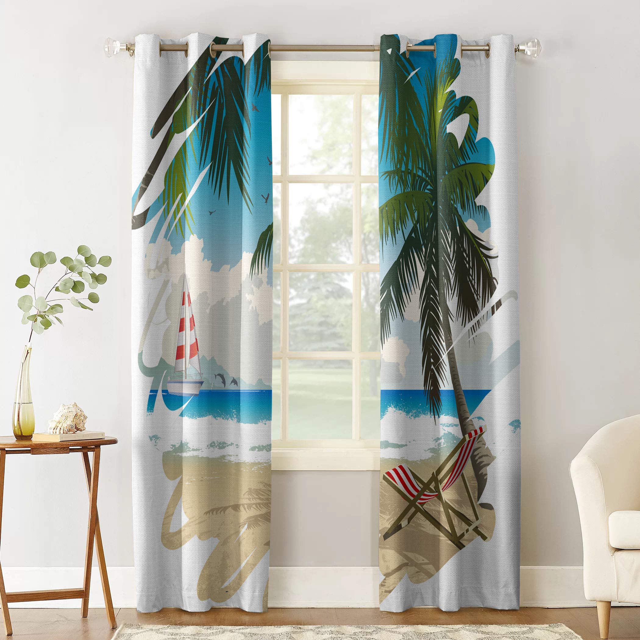 Blackout Curtains for Bedroom - Thermal Insulated Room Darkening Drapes with Tropical Ocean Beach & Coconut Palm Tree Design (2 Panels, 40x84 Inch) - Perfect for Coastal Decor, Nursery, or Home Theater Light Control