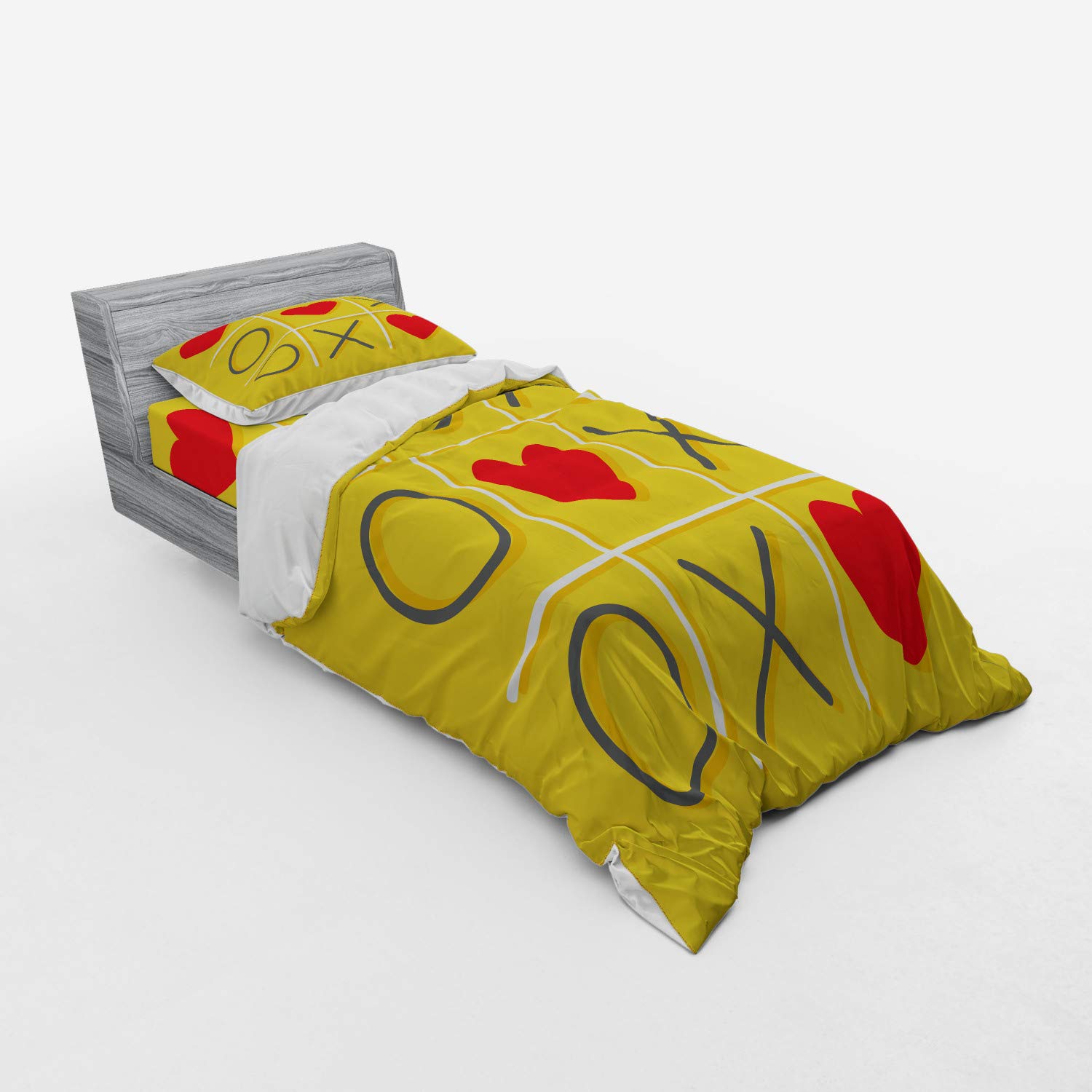 Ambesonne Love Duvet Cover Set - Tic-Tac-Toe Game with XOXO Flat Design, Funny Romantic Illustration, 3-Piece Bedding Set with Sham & Fitted Sheet, Twin Size, Yellow & Red - Perfect for Couples' Bedrooms, Valentine's Day Gifts, and Whimsical Home Decor