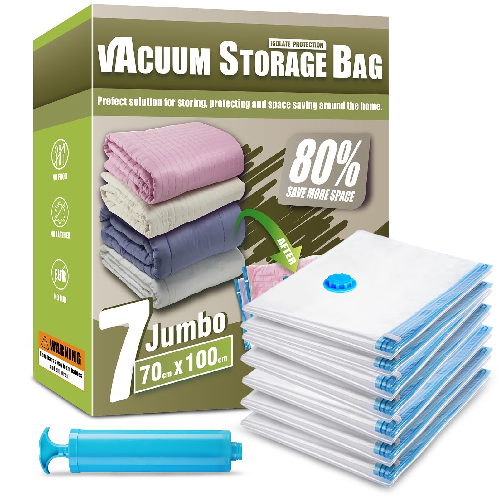7-Pack Jumbo Vacuum Storage Space Saver Bags | Compressed Sealer Bags for Clothes, Comforters, Beddings & Blankets | Includes Hand Pump | Perfect for Seasonal Storage, Travel & Home Organization