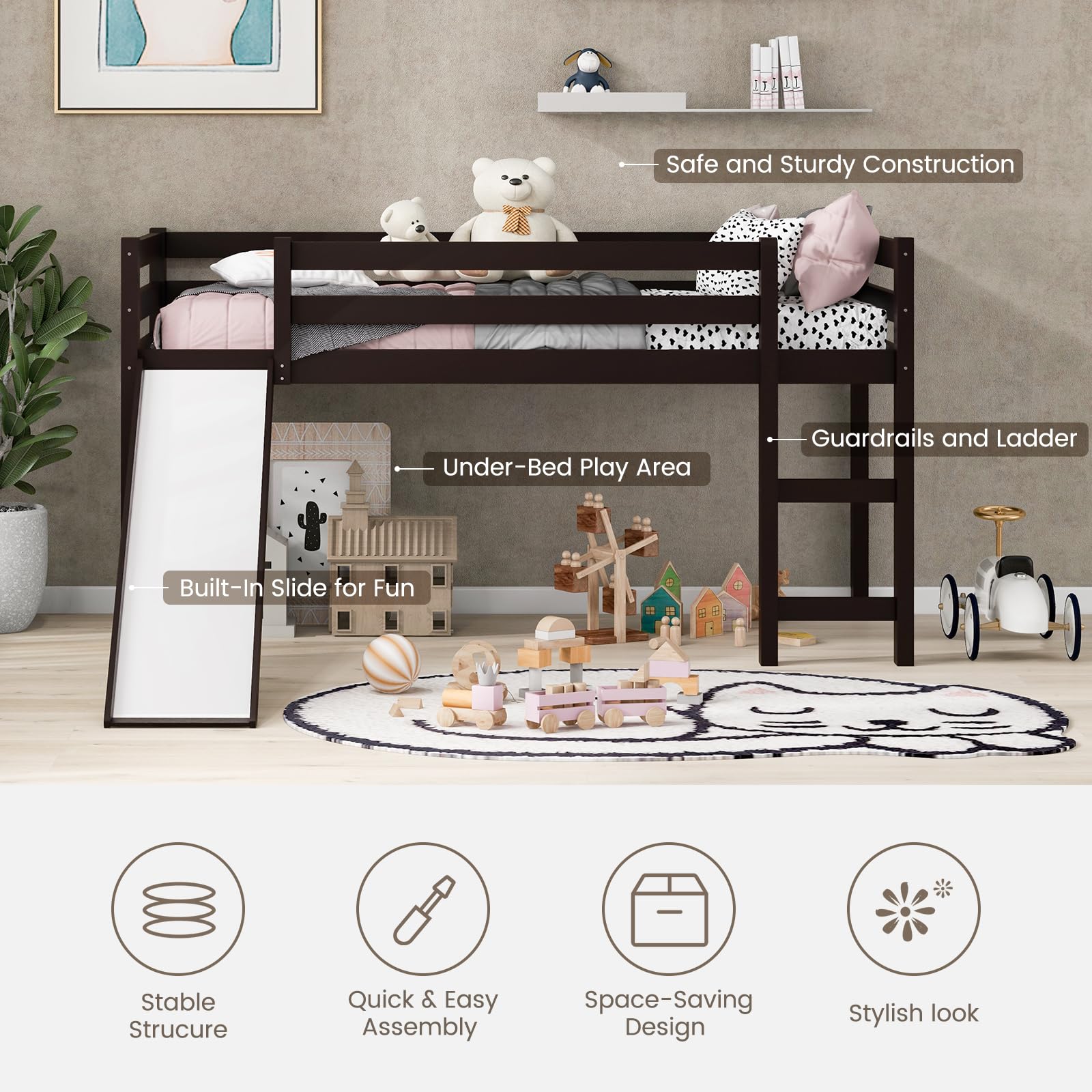 NAFOR Twin Loft Bed with Slide & Stairs - Solid Wood Low Loft Bed Frame for Kids, Girls & Boys - Includes Climbing Ladder, Safety Guard Rails & Slat Support - Espresso Finish - Perfect for Small Bedrooms, Playrooms & Dorm Rooms