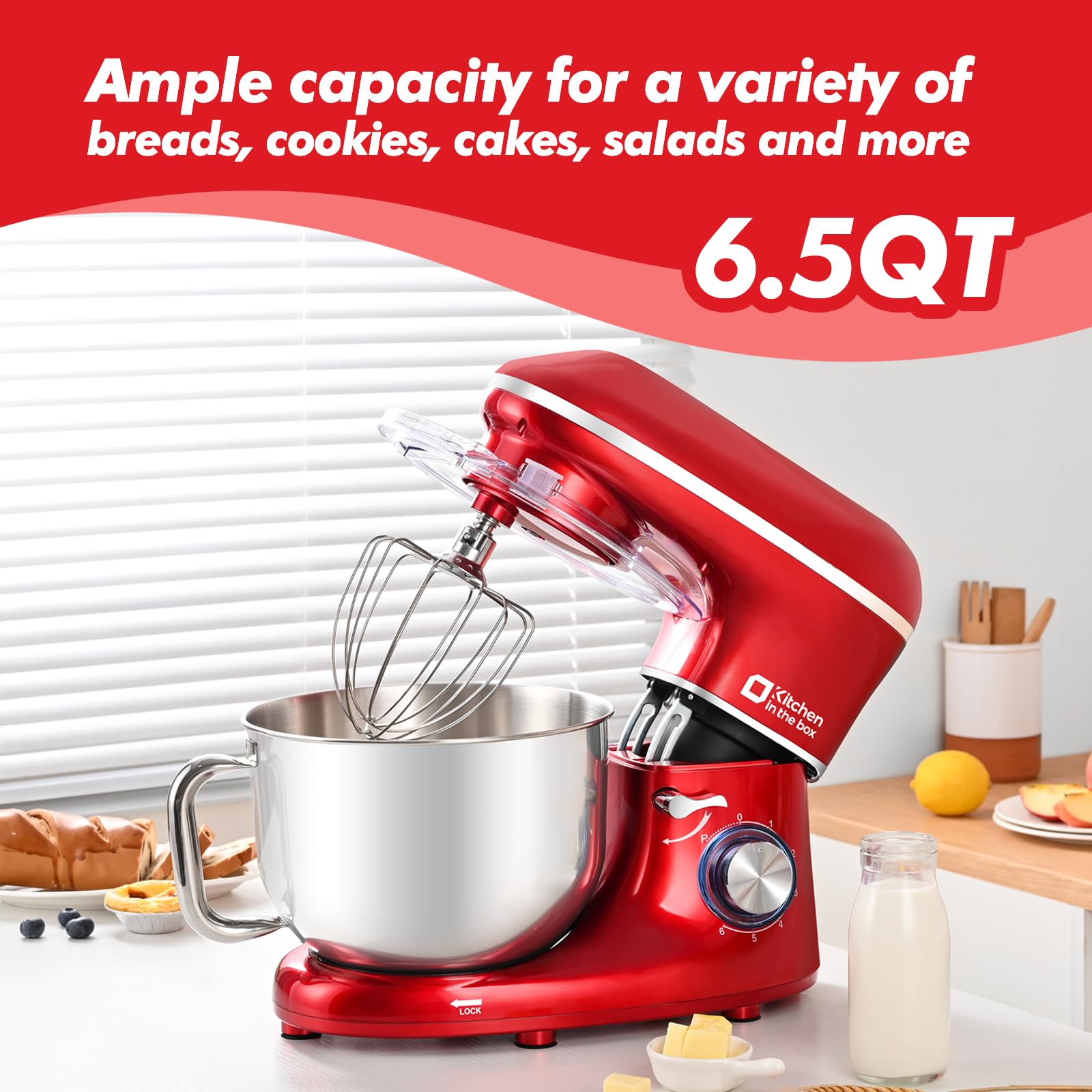 6.5QT 660W Stand Mixer - 6-Speed Tilt-Head Electric Kitchen Mixer with Dough Hook, Wire Whip & Beater - Dishwasher Safe (Red) - Perfect for Baking Cakes, Cookies, Bread & More