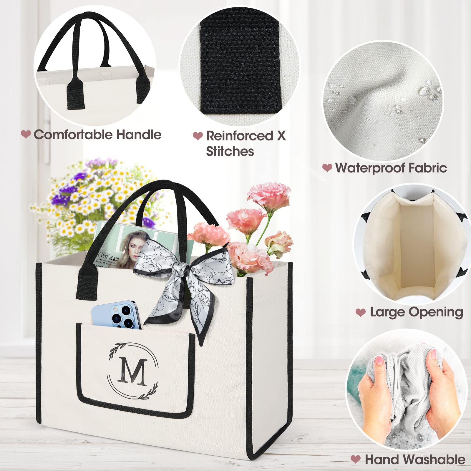Personalized Monogrammed Canvas Tote Bag for Women - Custom Beach Bag with Initials for Wedding, Birthday, Travel & Shopping - Great Gift Idea for Her