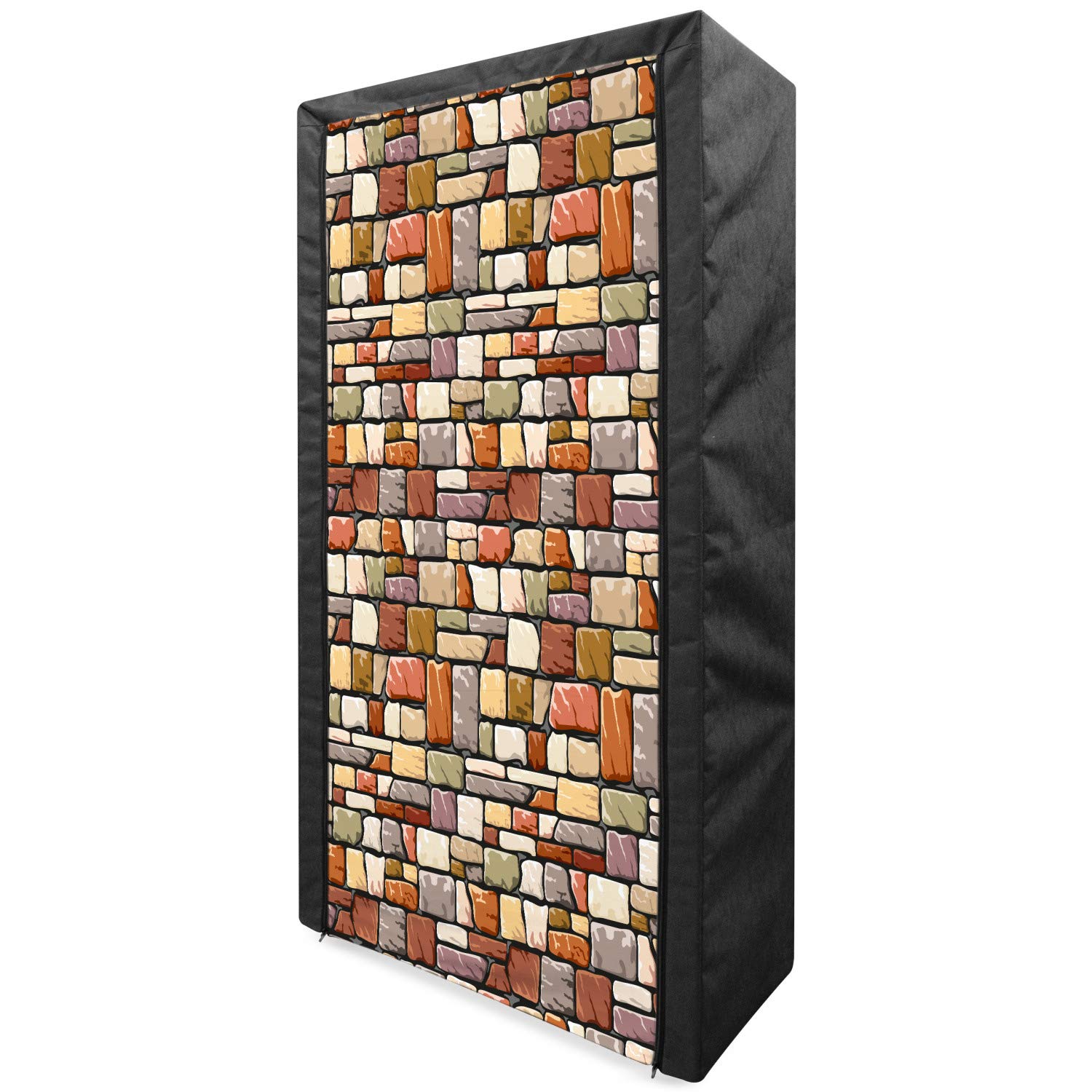Ambesonne Grunge Portable Fabric Wardrobe - Cartoon Wall Pattern with Stone Motifs, Construction Architecture Inspired Clothing Organizer | 33.5 Inch Multicolor Storage Closet with Shelves for Bedroom, Dorm, or Apartment Organization