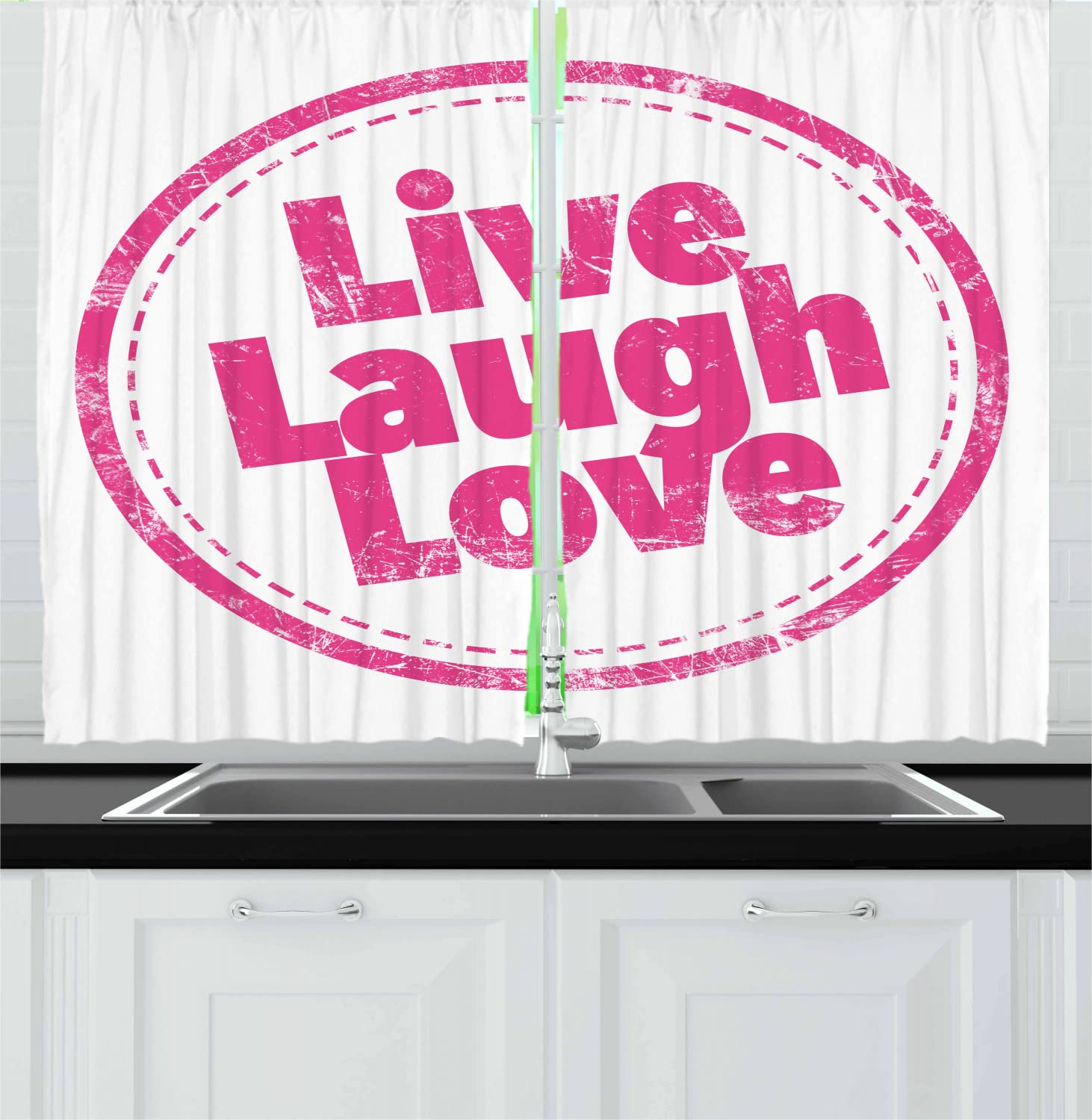 Ambesonne Live Laugh Love Long Kitchen Curtains - Retro Grunge Art Print Drapes with Rod Pocket, 55x45 Inches, Hot Pink & White - Perfect for Farmhouse, Boho & Vintage Style Home Decor