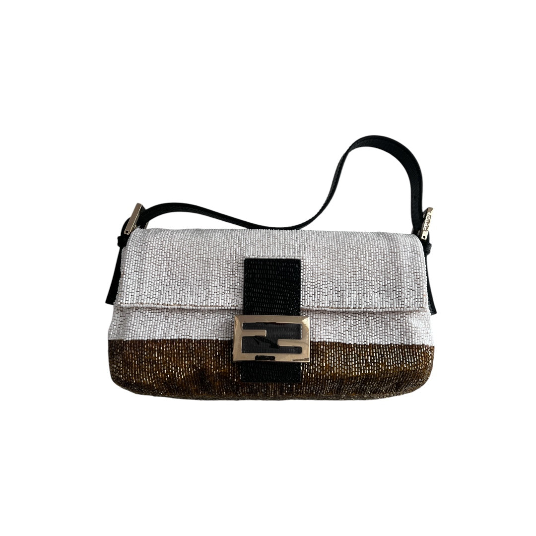 Fendi White & Gold Beaded Lizard Baguette Bag - Luxury Designer Crossbody Purse for Women, Perfect for Evening Parties & Special Occasions