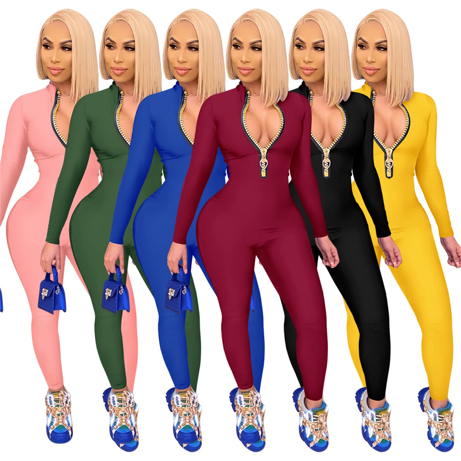 Sexy Women's Bodycon Jumpsuit with V-Neck & Long Sleeves - Stretchy Zipper One Piece Outfit for Club, Date Night & Evening Parties