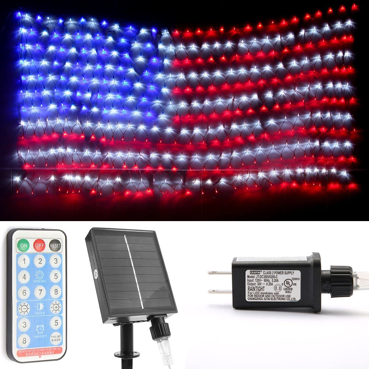 American Flag LED Net Lights - Waterproof Solar-Powered Twinkle String Lights for Outdoor Wall Decor (390 LED Beads) - Perfect for Patio, Garden, and Holiday Decorations