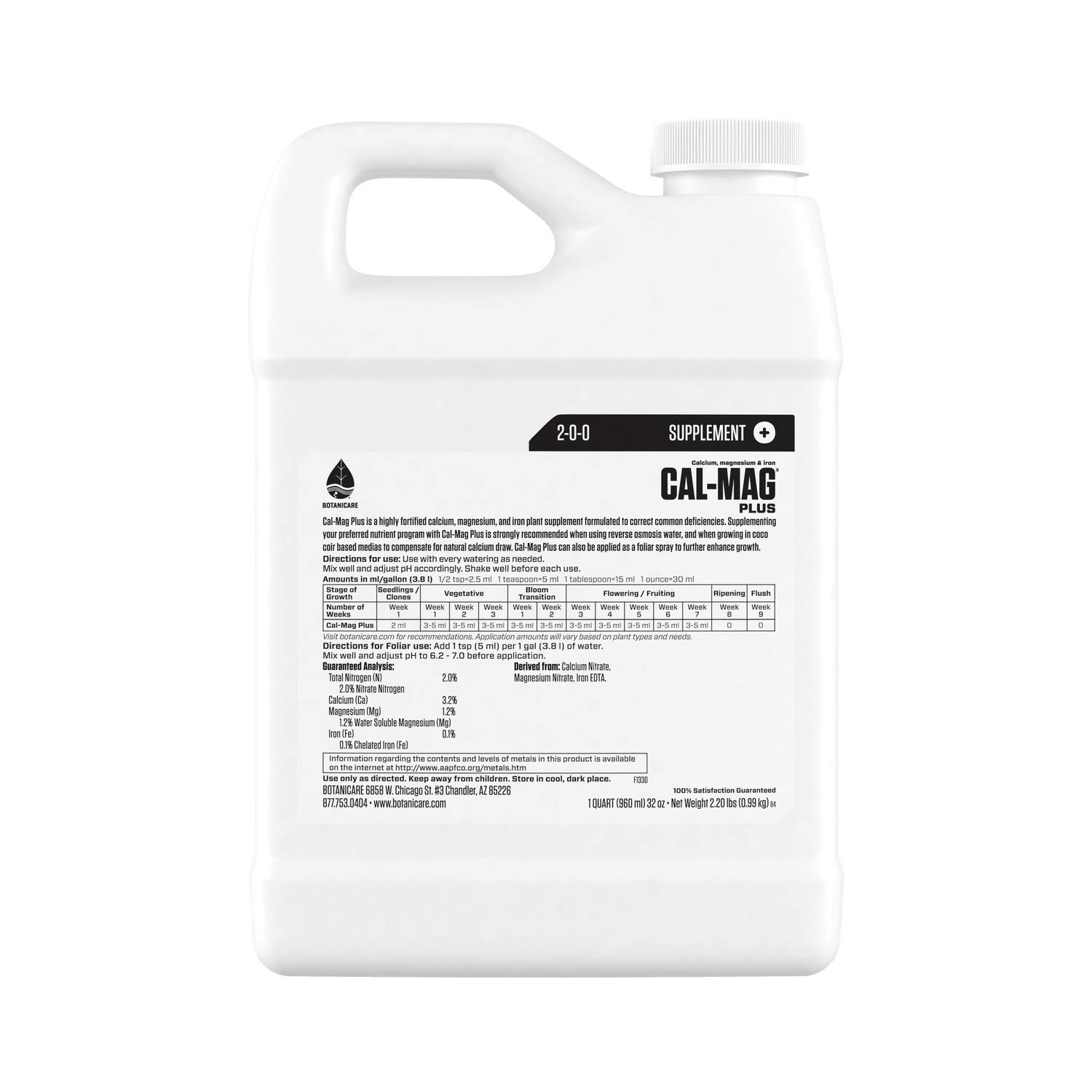 Botanicare Cal-Mag Plus - Calcium, Magnesium & Iron Plant Nutrient Supplement | Corrects Deficiencies | 2-0-0 NPK Formula | Quart Size | Ideal for Hydroponics, Soil & Foliar Spray Applications