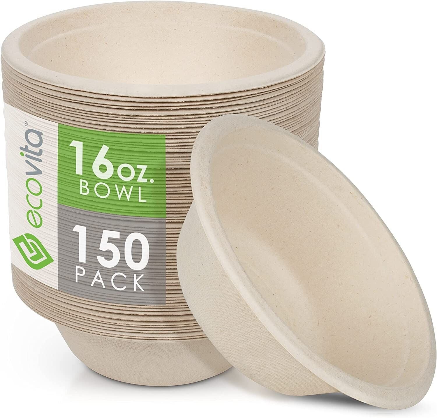 Ecovita 150-Pack Leak-Proof Compostable Disposable Bowls - 6x2 Inches, Eco-Friendly & Sturdy for Parties, Picnics, Takeout & Catering