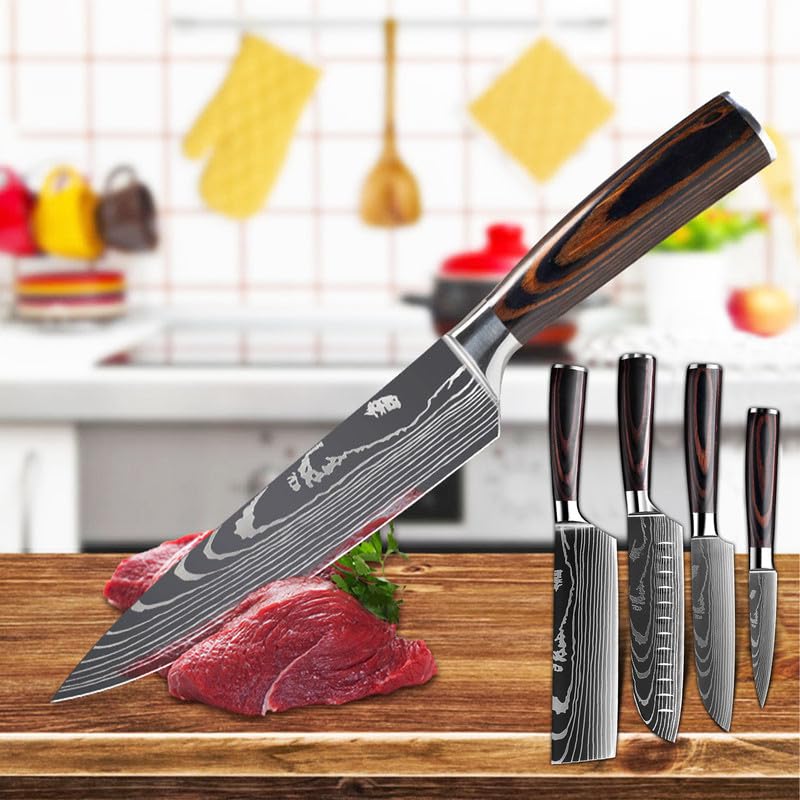KEPEAK 5-Piece Kitchen Knife Set - High Carbon Steel Chef Knife, Santoku, Cleaver & Paring Knives with Pakkawood Handle - Perfect for Slicing Vegetables, Meat & Fruit in Home Cooking & Professional Kitchens