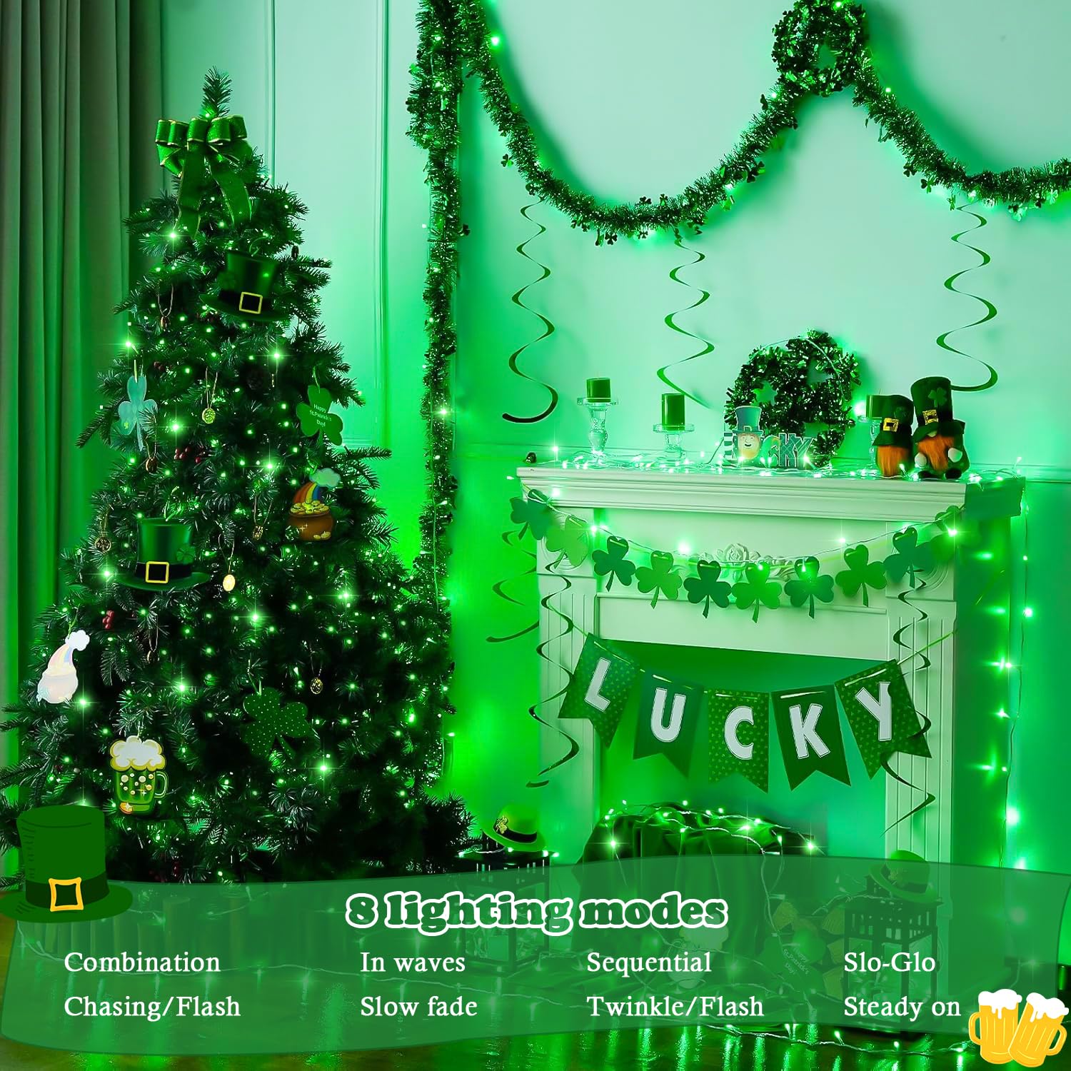 JMEXSUSS 2 Pack 100 LED Green String Lights - 33ft Connectable St Patricks Day Lights with 8 Modes - Waterproof Outdoor Christmas Lights & Indoor Decor for Bedroom, Party, Garden, Patio - Perfect for Holiday, Wedding, and Home Decoration