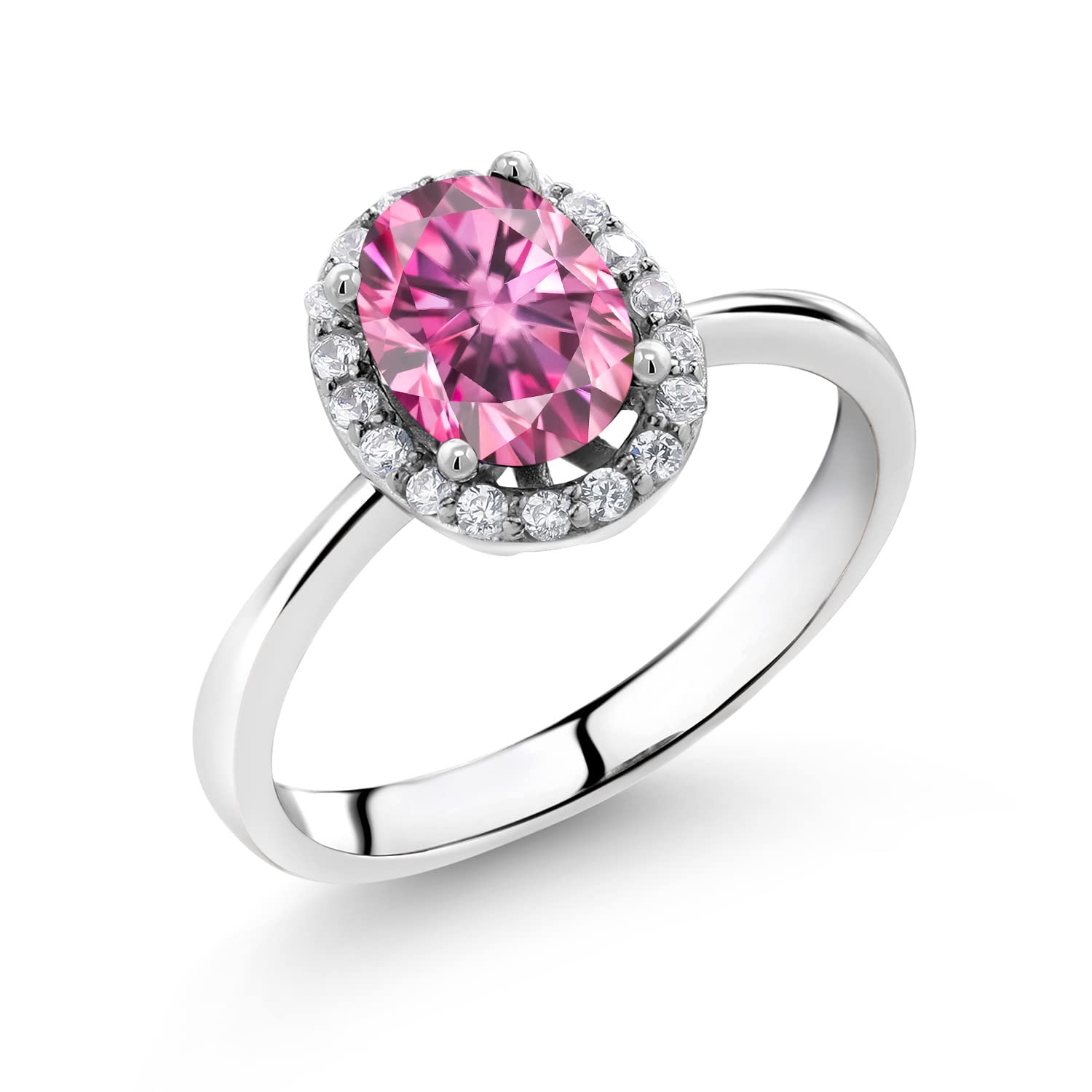 Gem Stone King 925 Sterling Silver Women's Halo Engagement Ring with Oval Pink Moissanite (1.58 Cttw) - Perfect for Proposals, Weddings & Anniversary Gifts
