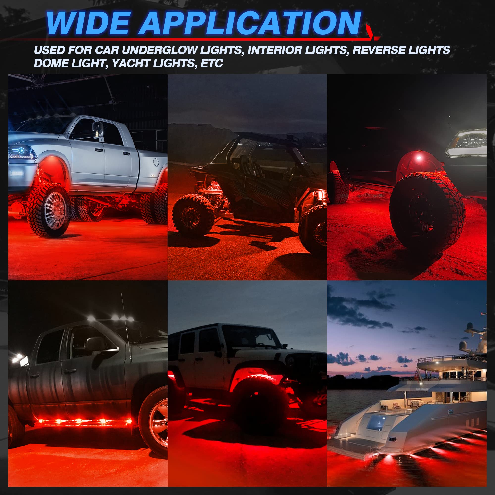 MICTUNING C2 Curved Red LED Rock Lights - 4 Pods Underglow Kit for Cars, Trucks, Offroad Vehicles, ATV, UTV, Boats | Waterproof Off-Road Lighting for Night Driving, Car Shows & Underbody Decoration