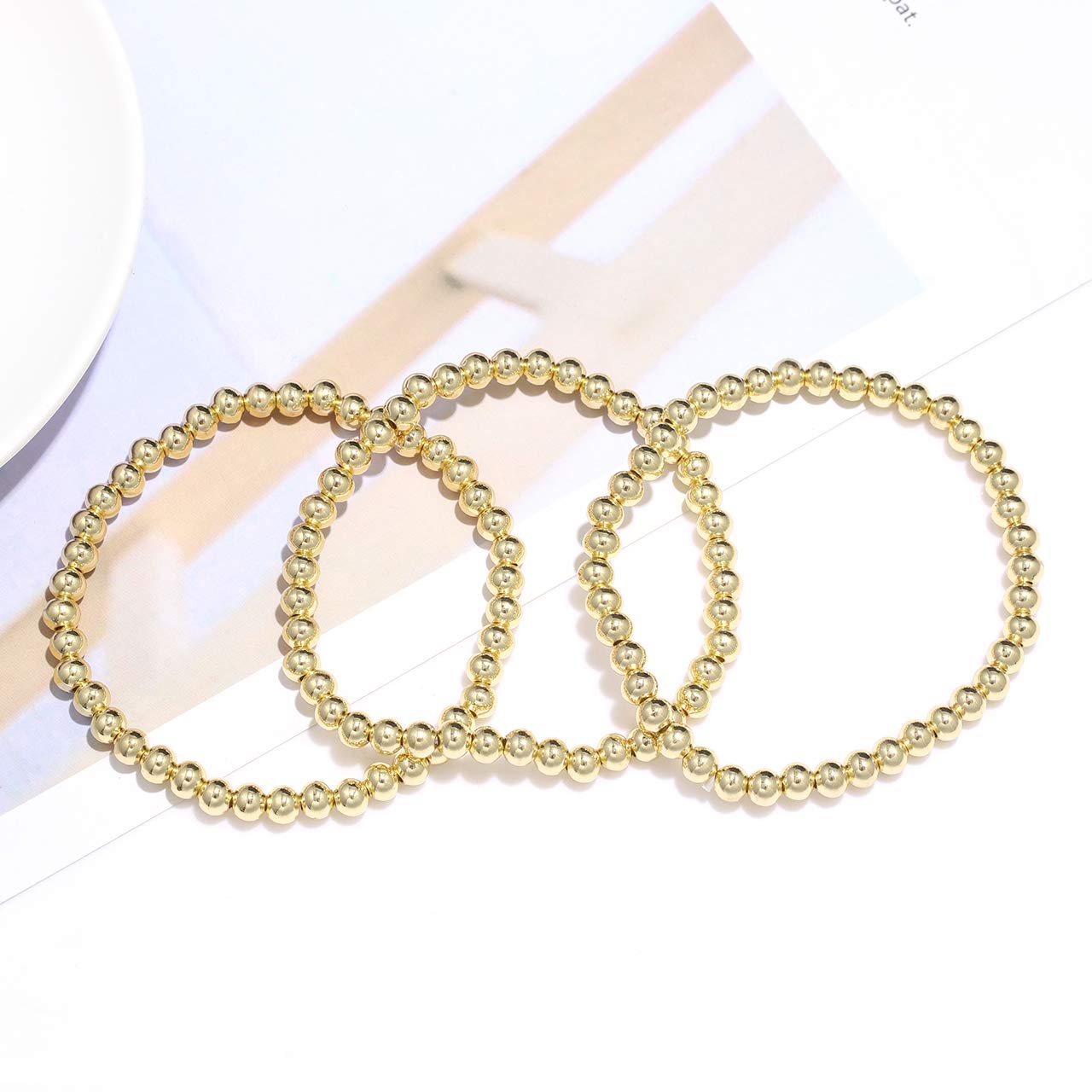 Stylish Beaded Stretch Bracelets for Women - Gold & Silver Small Ball Beads, Dainty Paperclip & Figaro Link Chain Bracelet Set (His & Her) - Perfect for Layering, Stacking, and Everyday Wear