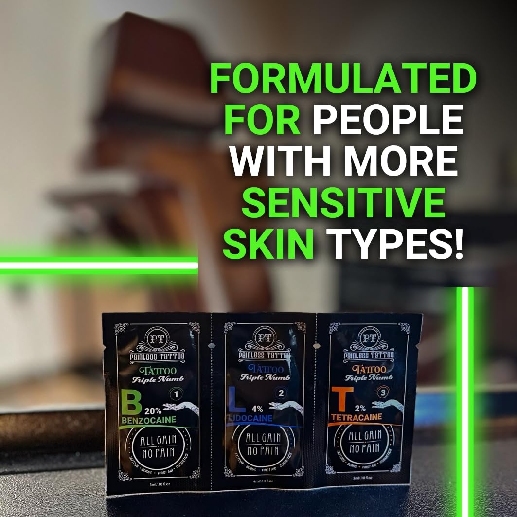 Painless Tattoo BLT Triple Numb Variety Pack with Spray Combo - Benzo-Lido-Tetra-Caine Anesthetic for Tattoos, Burns, First Aid & Cosmetic Procedures - Includes 2 BLT TriPackets & 1 Numbing Spray - Perfect for Tattoo Artists, Piercing Professionals & Home First Aid Kits