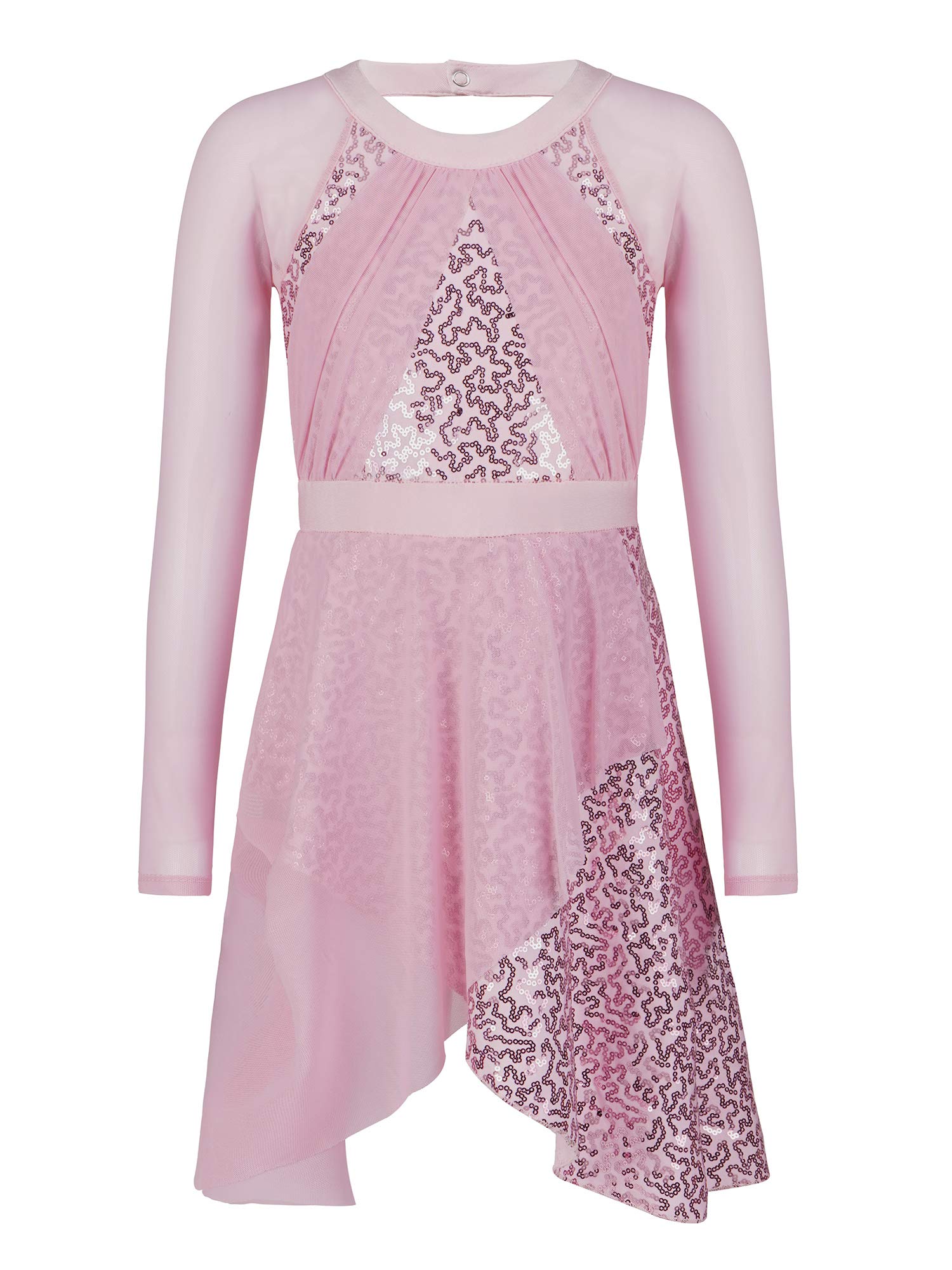 FEESHOW Girls Mesh Sequin Long Sleeve Dance Leotard Dress - Ballet, Latin, Jazz & Modern Dance Costume for Stage Performance & Recitals - Sparkly Glitter Leotard for Kids Dance Class, Competition & Showcase