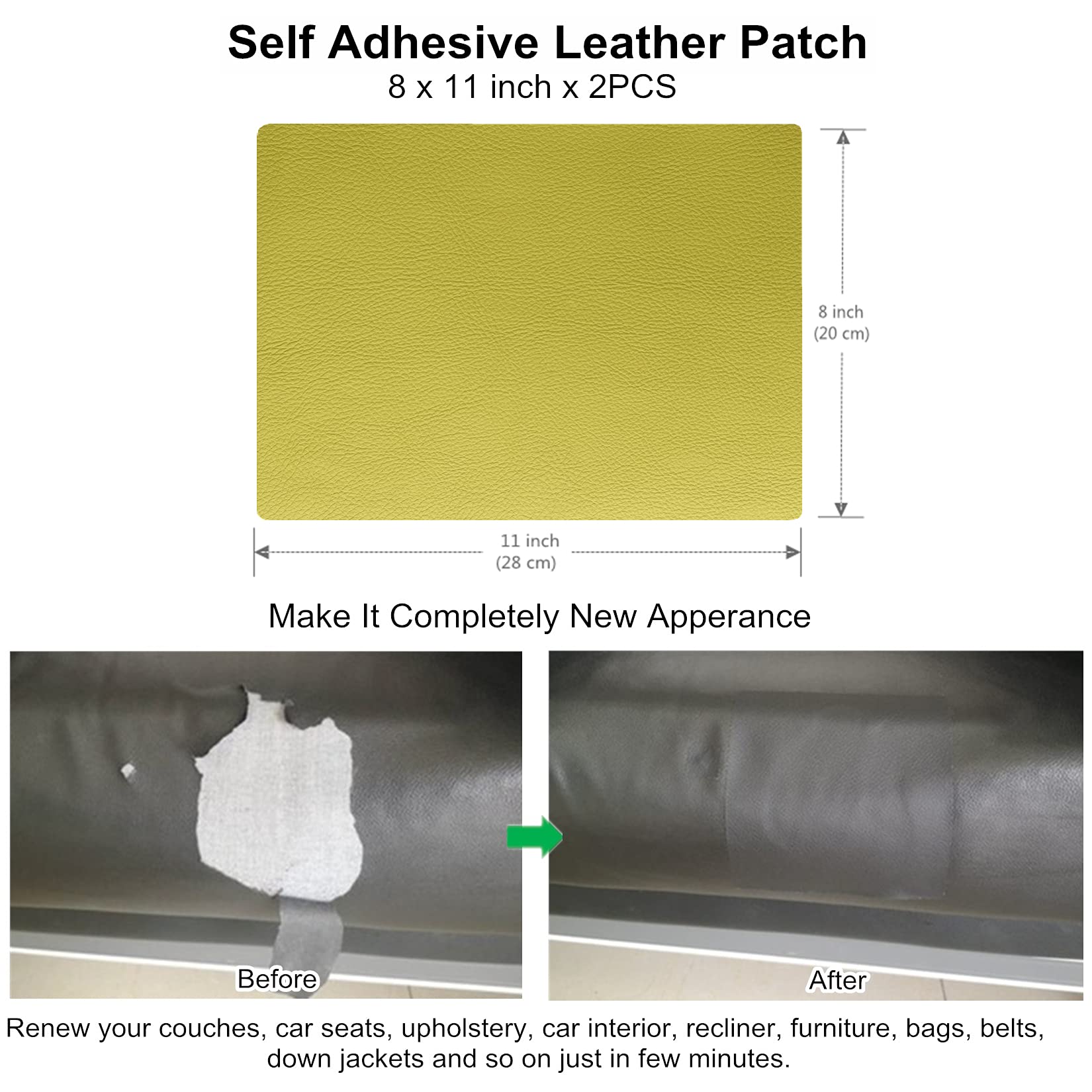ILOFRI 8x11 Inch Leather Repair Patch Kit (2-Pack) - Durable Self-Adhesive Vinyl & Leather Repair for Furniture, Auto Interiors, Boat Seats - Perfect for Couch, Car Seat, Sofa & Chair Repair - Green | Home & Vehicle Upholstery Restoration Solution