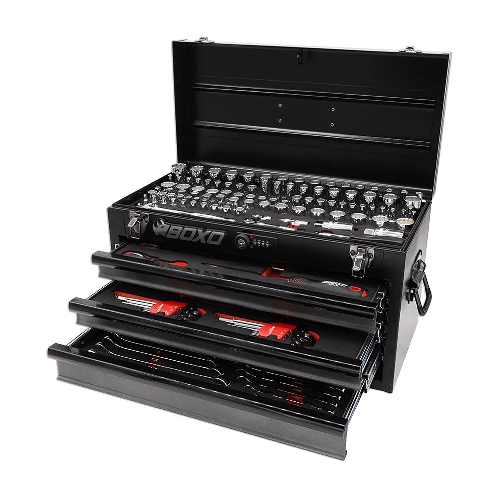 BOXO USA 159-Piece Heavy Duty Toolbox Set - Metric & SAE Locking Tools with 3 Drawers, Portable Hand Carry Case (Black) - Ideal for Mechanics, DIY Projects & Professional Tool Storage