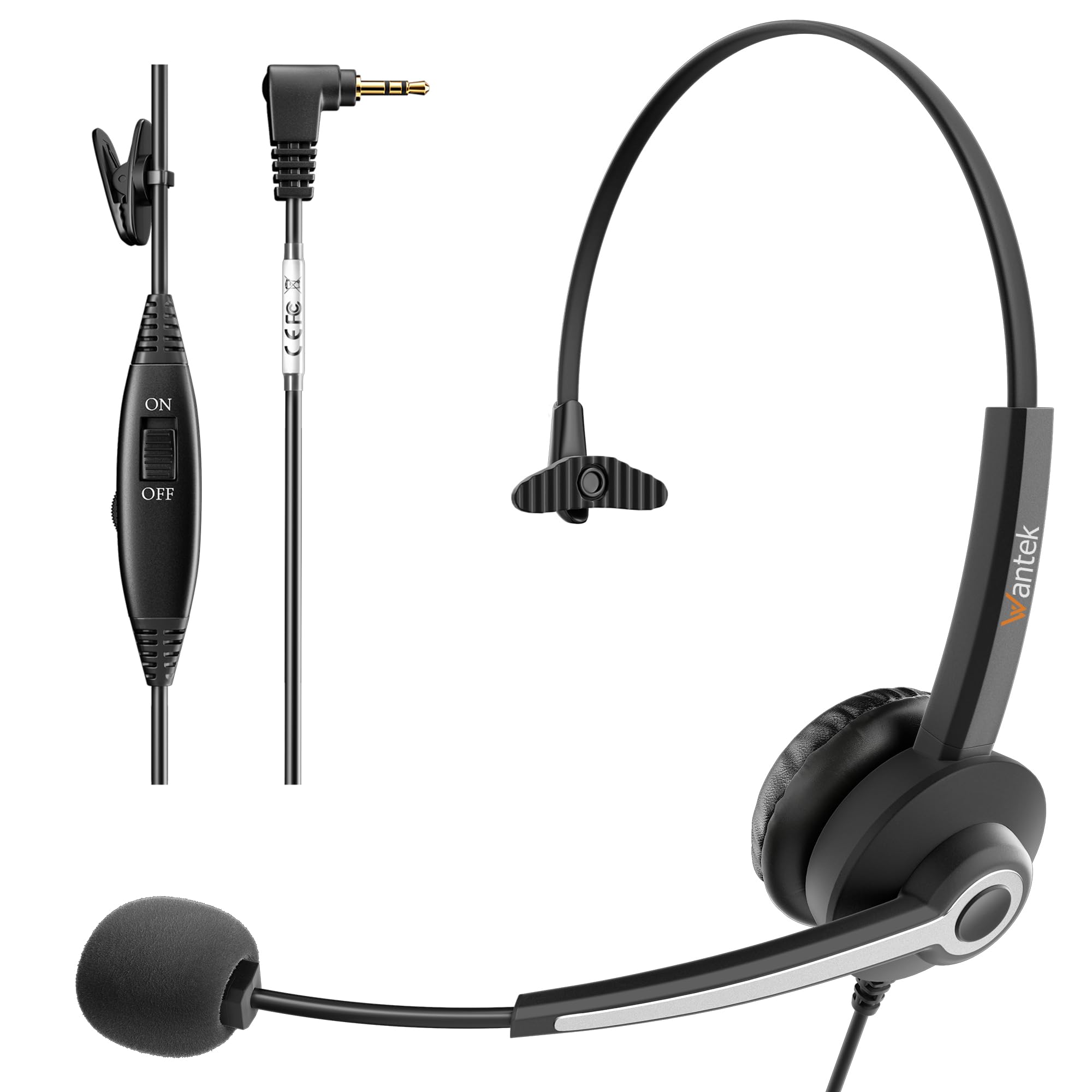 Wantek Noise Cancelling Office Phone Headset with Mute Control - 2.5mm Ultralight Telephone Headset for Cisco, Polycom, Panasonic - Crystal Clear Sound & Durable Design for Call Centers & Home Office - Perfect for Remote Work, Customer Service & Conference Calls