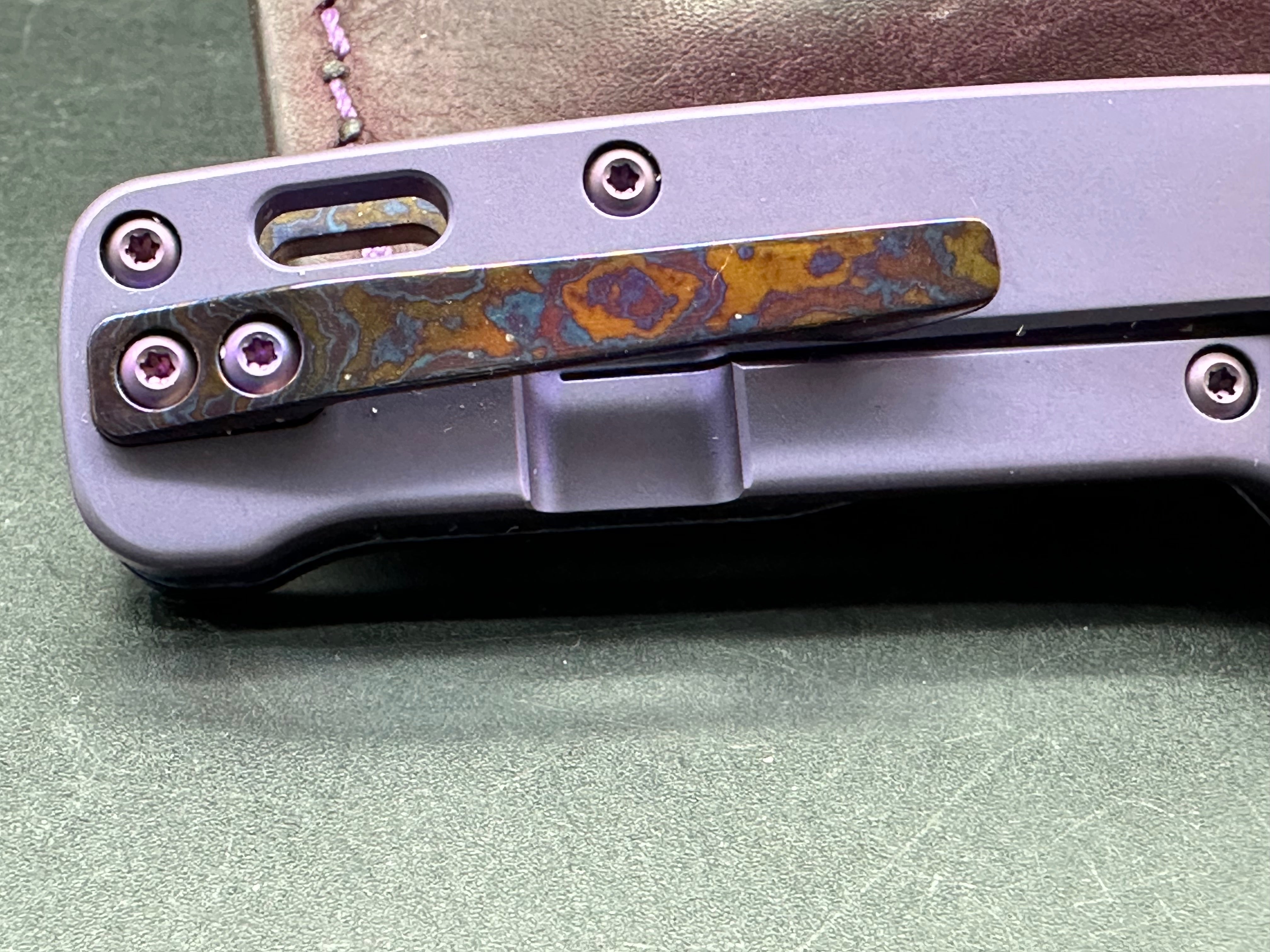 Kaviso QSP Penguin Mini Pocket Knife - Purple Titanium & Timascus Blade with Custom Purple Oak City Leather Slip | EDC, Outdoor, Camping & Everyday Carry Accessories