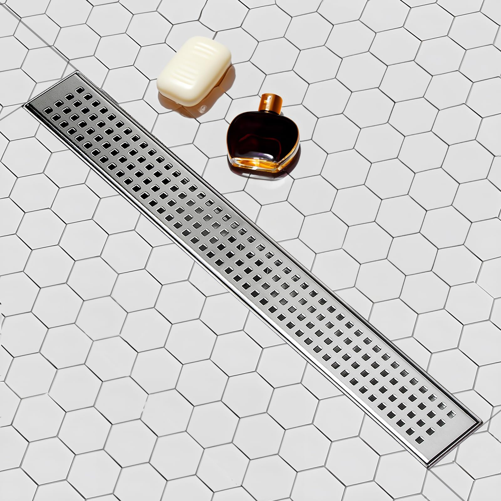 SaniteModar 60-Inch Linear Shower Drain - AISI 304 Brushed Stainless Steel with Removable Square Hole Panel, Adjustable Feet & Hair Catcher - Perfect for Modern Bathroom Renovations and Walk-In Showers