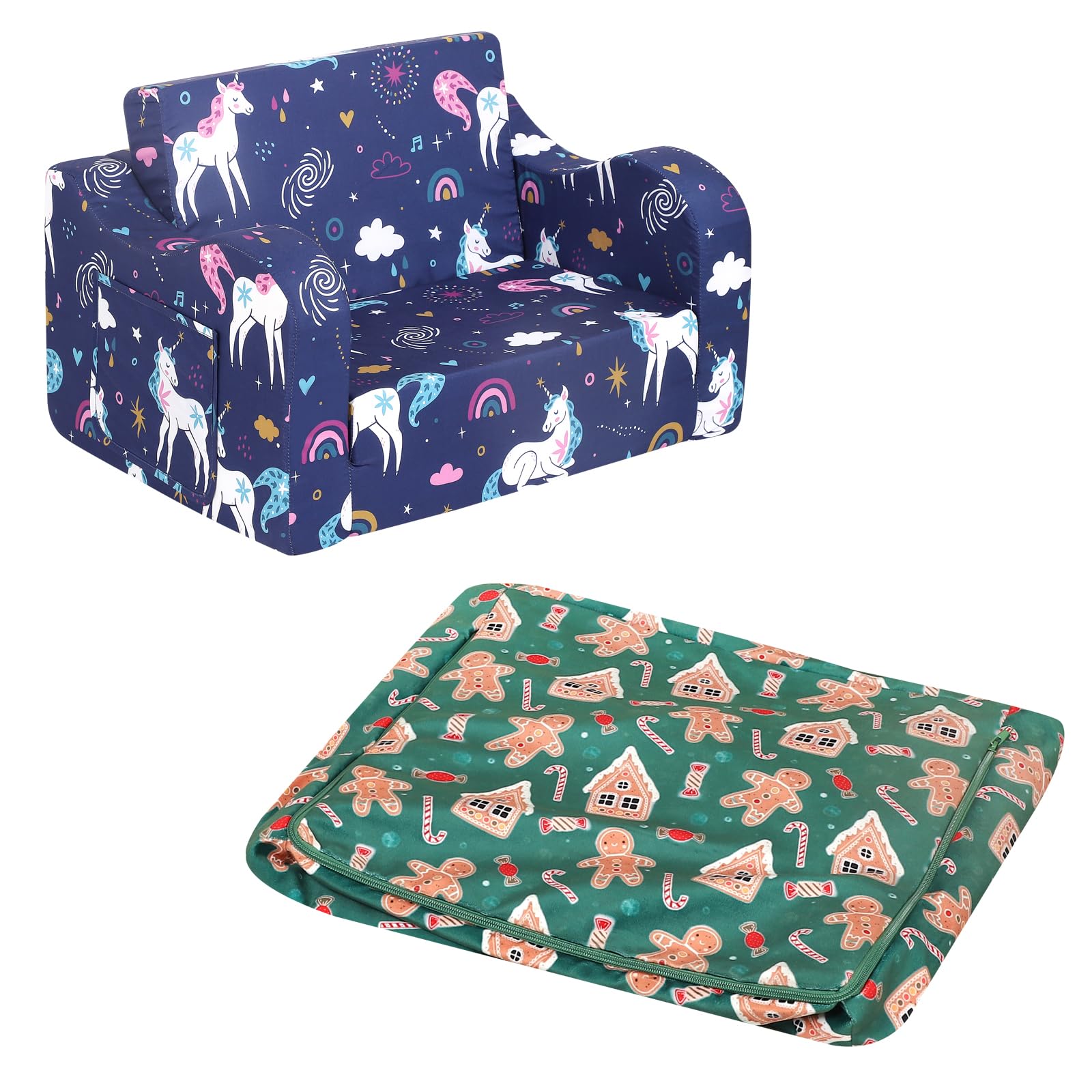 Rainbow Unicorn Fold Out Couch for Toddlers - Soft Kids Sofa Bed with Removable Washable Cover - Perfect for Playroom, Nursery & Christmas Gift