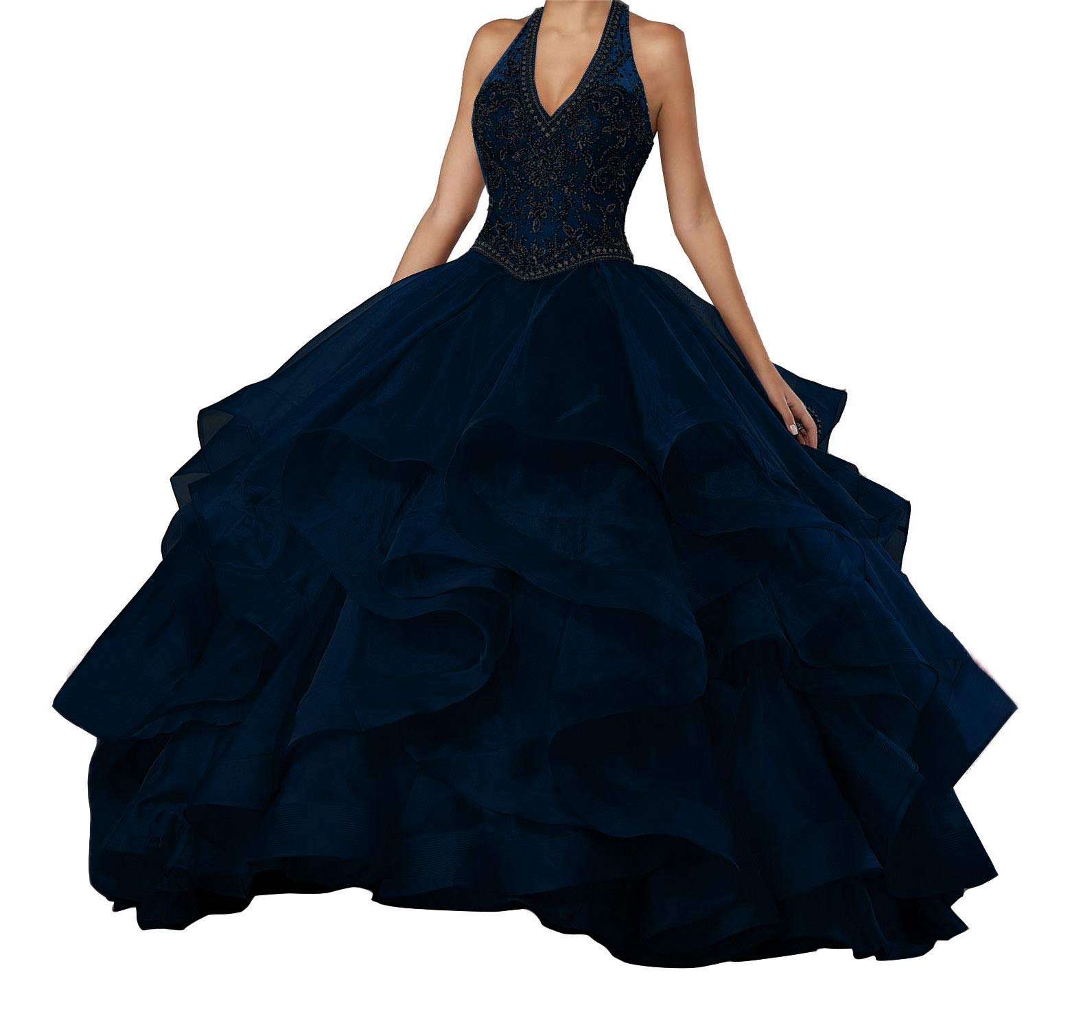 Emmani Women's Halter Beaded Quinceanera Dresses - Sleeveless Ball Gown for Sweet 16 Party, Prom, Homecoming & Formal Events | Deep Royal Blue