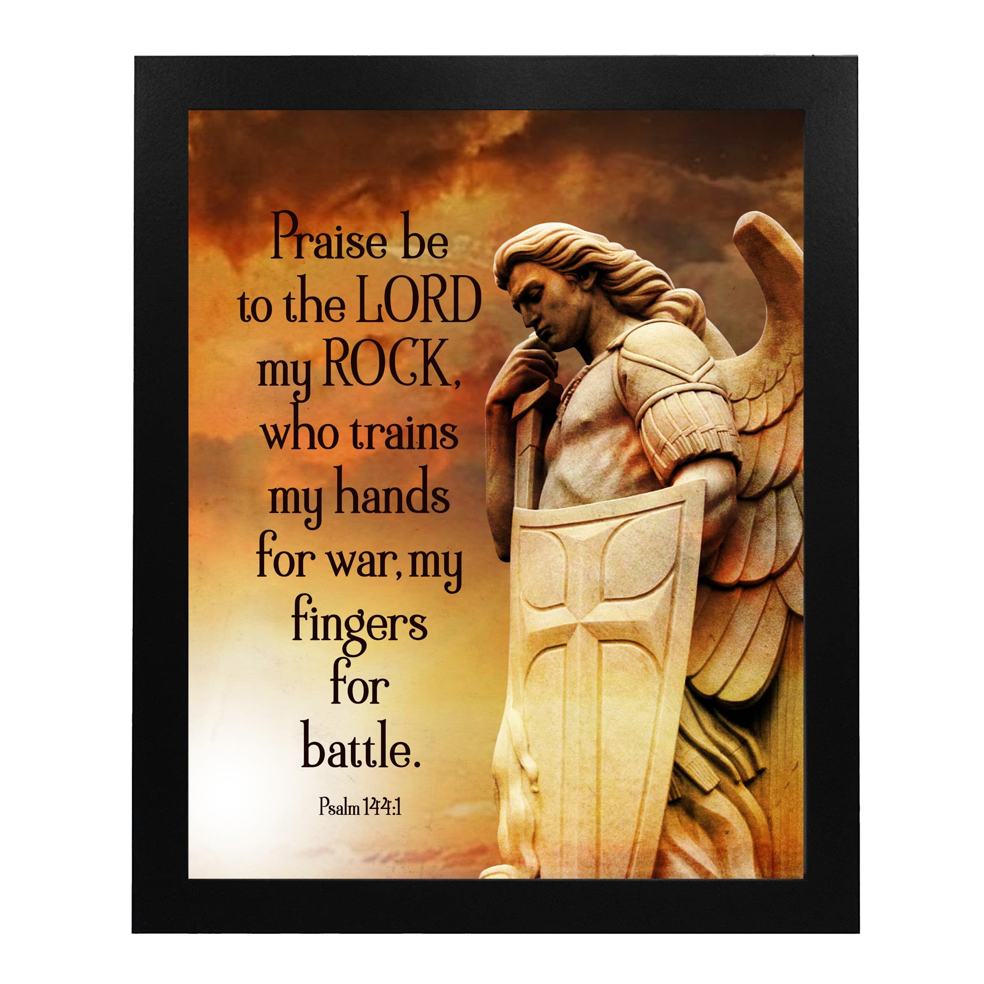 Praise Be To The Lord Spiritual Wall Art - Inspirational Angel Warrior Psalm 144:1 Bible Scripture Print - Unframed 8x10 - Perfect for Home, Office & Church Decor - Thoughtful Catholic Gift Idea - Enhance Your Prayer Space or Faith-Based Interior Design