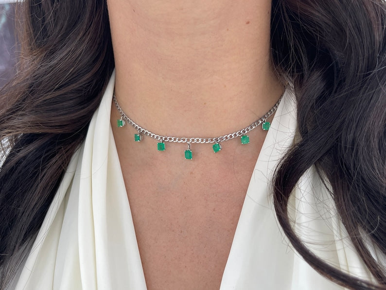 5.52tcw 14K White Gold Emerald Asscher Cut Multi-Gemstone Chain Fringe Necklace by the Yard - Perfect for Bridal, Evening Wear & Special Occasions