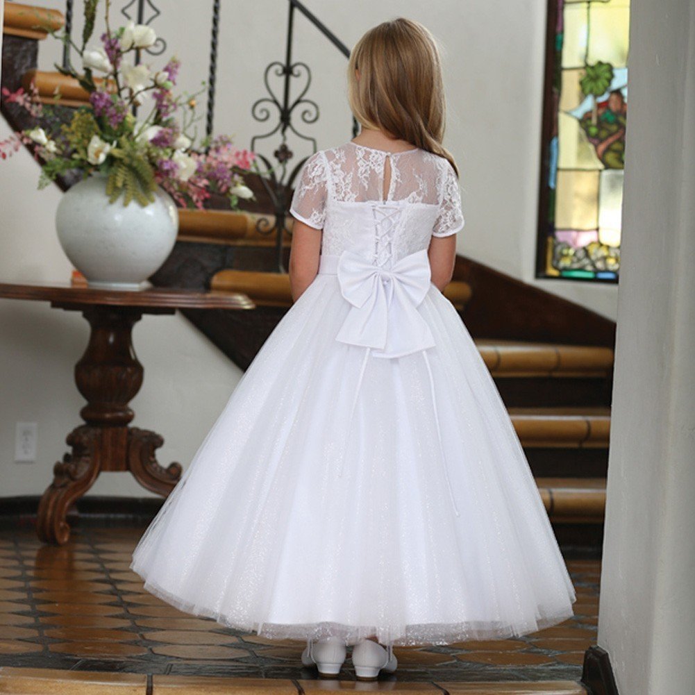 Big Girls White Sparkle Tulle Corset Back Bow First Communion Dress - Size 7 | Elegant Flower Girl Dress for Church Ceremonies, Baptisms & Special Occasions