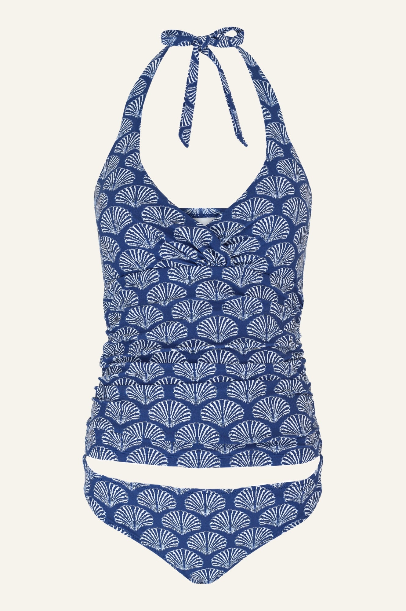 Eco-Friendly Recycled Ruched Tankini Swimsuit - Shell Navy & White | Perfect for Beach Vacations, Pool Parties & Summer Getaways