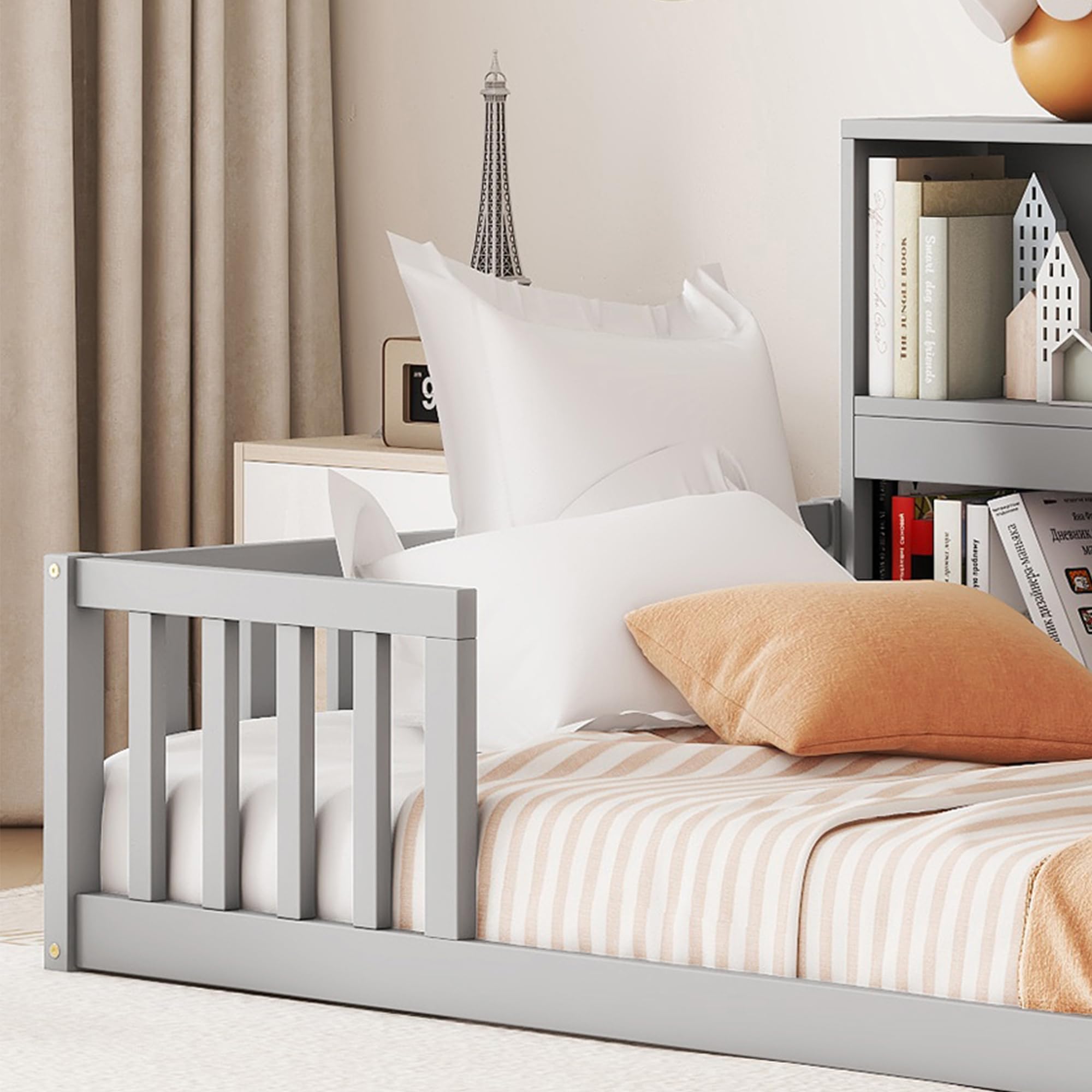 Montessori Floor Bed for Kids - Twin Size with Bookcase, Shelves & Guardrails - Gray Wooden Bed Frame for Boys & Girls - Perfect for Bedrooms, Playrooms & Montessori Learning Spaces