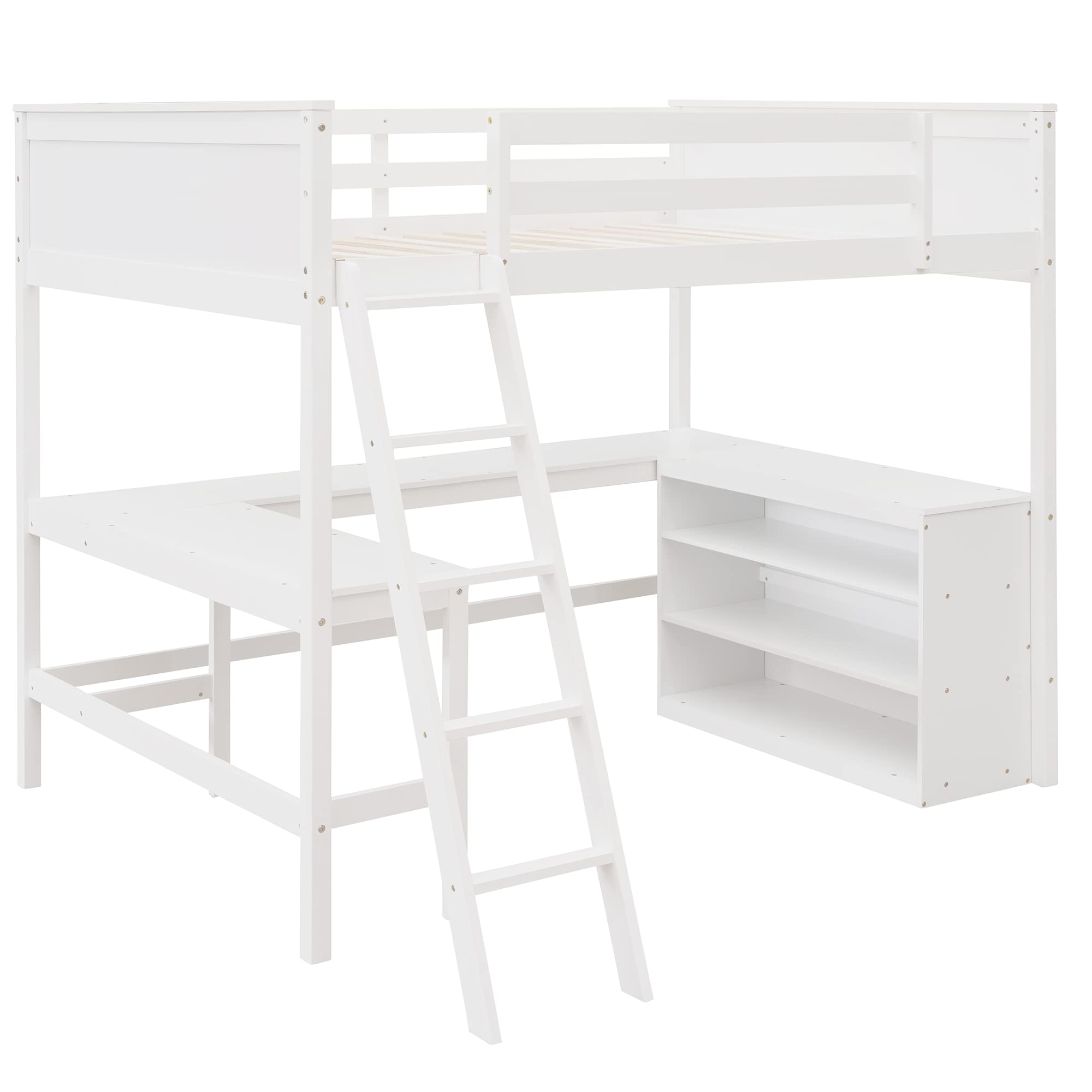 Full Size Wooden Loft Bed with Built-in Desk, Shelves & Storage - Space Saving Furniture for Kids, Teens & Adults (White) - Perfect for Small Bedrooms, Dorms & Studio Apartments
