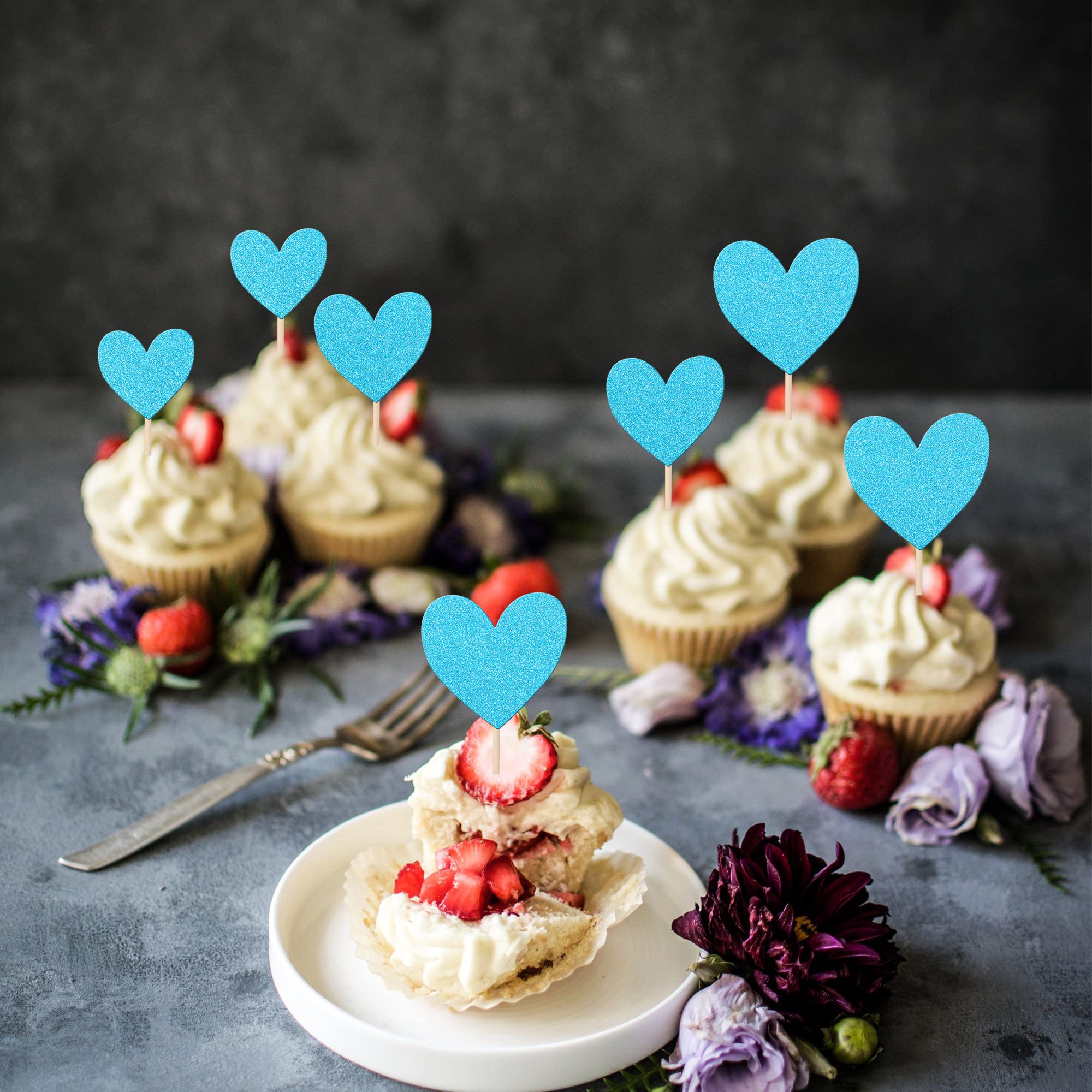 Rsstarxi 30 Pack Blue Glitter Heart Cupcake Toppers - Premium Food Picks for Baby Showers, Weddings, Bridal Showers, Birthday Parties & Valentine's Day - Perfect for Cake Decorations, Dessert Displays & Party Food Presentation