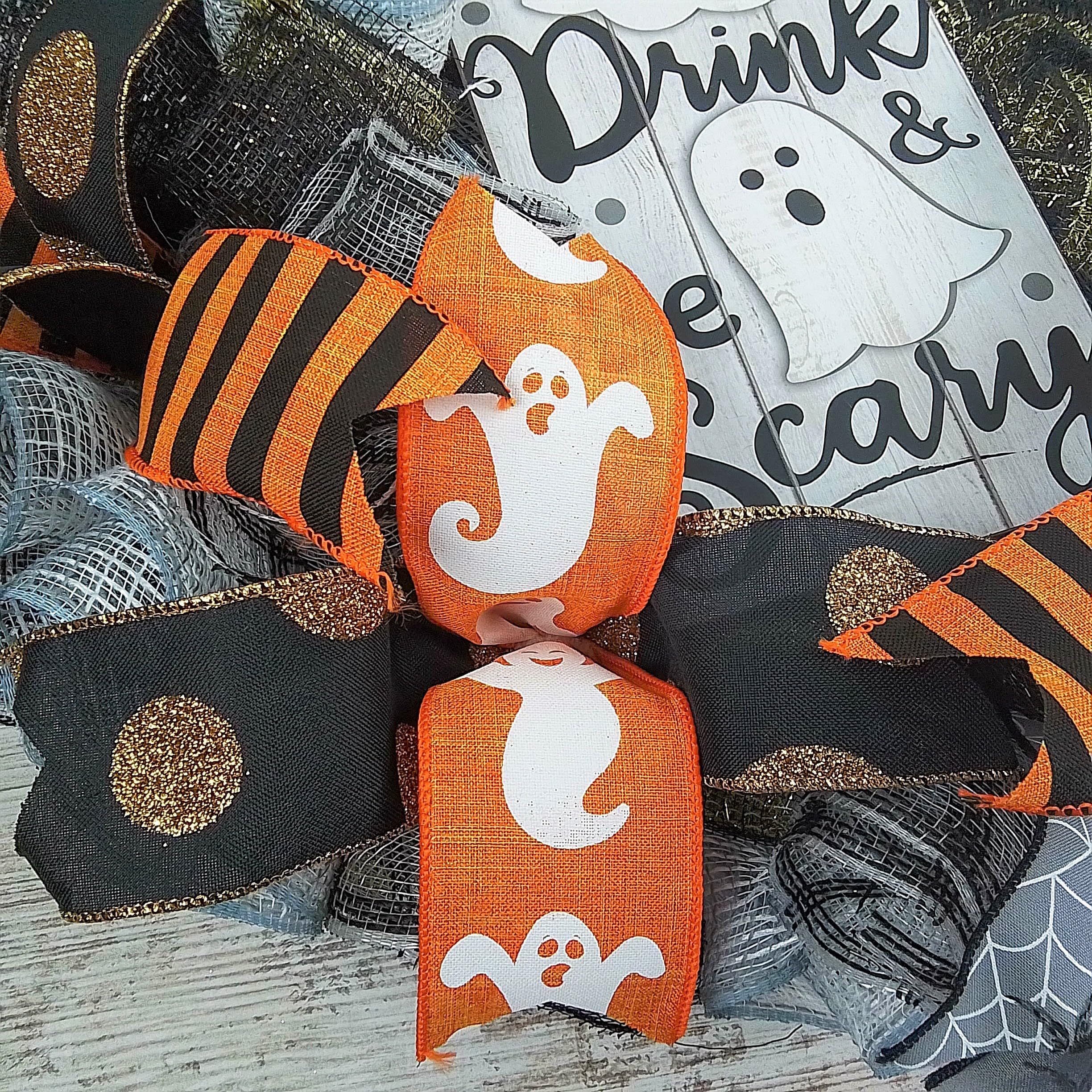 Spooky Halloween Mesh Wreath for Front Door - Black, White, Gold & Orange Ghost Decor | Perfect for Halloween Party Decorations & Haunted House Themes