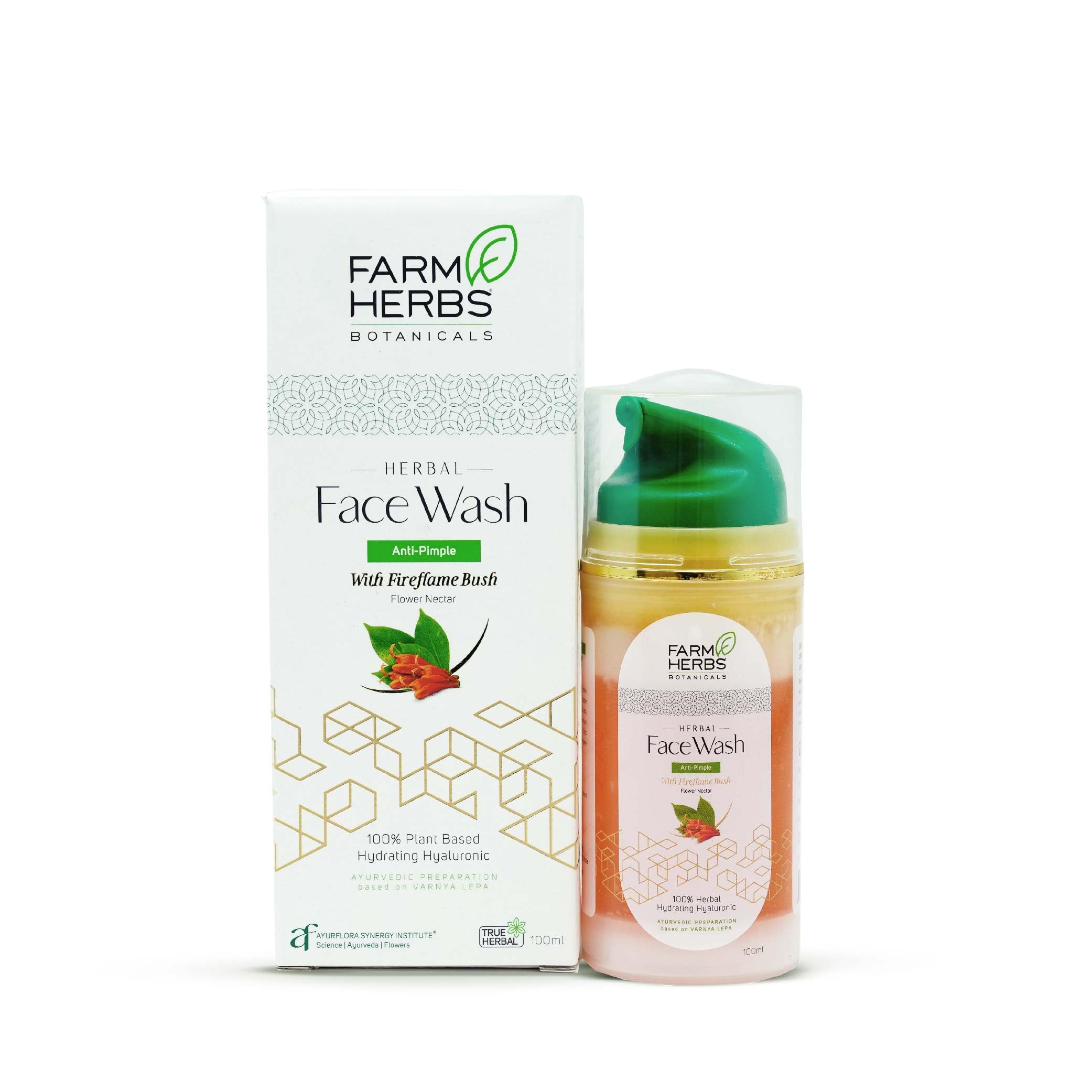 Farmherbs 100% Natural Herbal Face Wash with Vegetable Glycerin & Plant-Based Hyaluronic Acid | Anti-Acne Formula with Botanical Salicylic Acid | Ayurvedic Beauty Leaf Extract for All Skin Types | Men & Women | 100ml | Perfect for Daily Cleansing & Acne-Prone Skin Care Routine