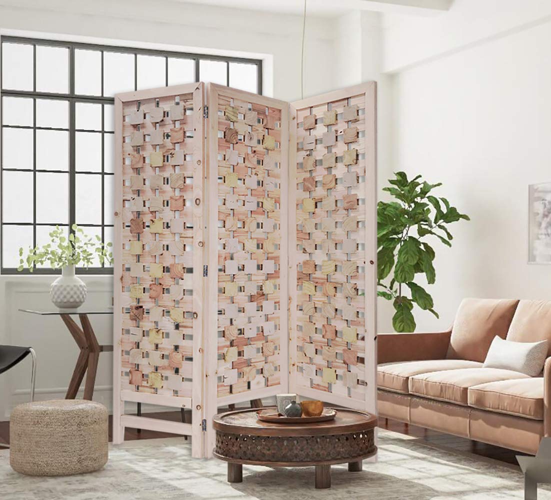 HomeRoots 3-Panel Pink Room Divider with Cut Square Wood Design - Privacy Screen for Bedroom, Office & Living Space