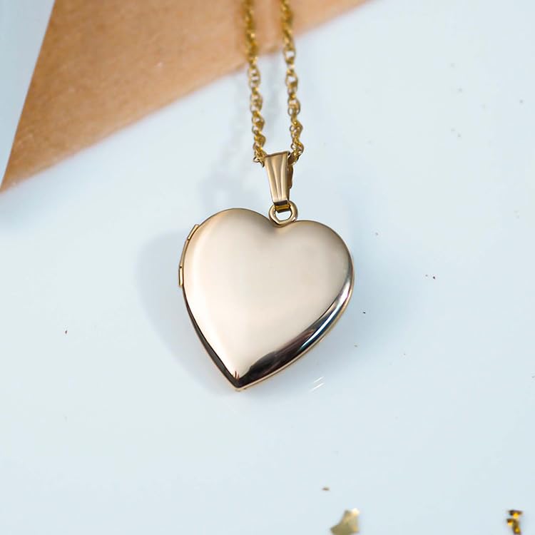 14K Solid Yellow Gold Heart Locket Necklace - 1.25 Inch Large Plain Pendant for Women & Men - Personalized Memory Keepsake Gift for Anniversary, Valentine's Day & Special Occasions