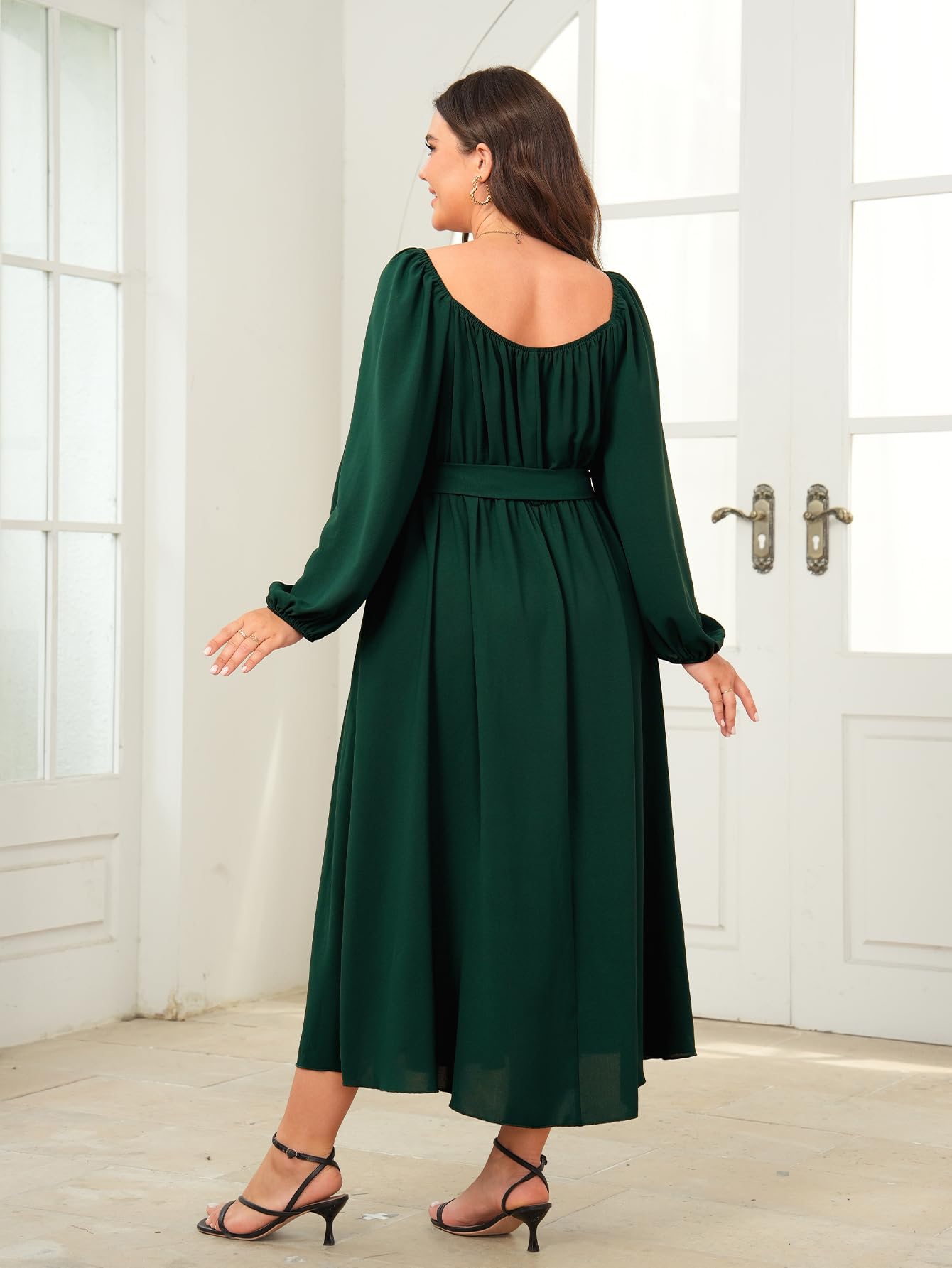 **SCOMCHIC Women's Plus Size Maxi Dress - Long Sleeve Square Neck Elegant Flowy A-Line Wedding Guest Cocktail Dress with Belt | Perfect for Weddings, Parties & Formal Events**