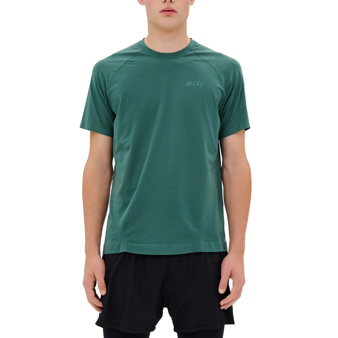 CEP Men's Ultralight Seamless Running Shirt - Breathable Quick-Dry Short Sleeve Athletic Top (V2, Green) for Jogging, Gym Workouts & Outdoor Sports