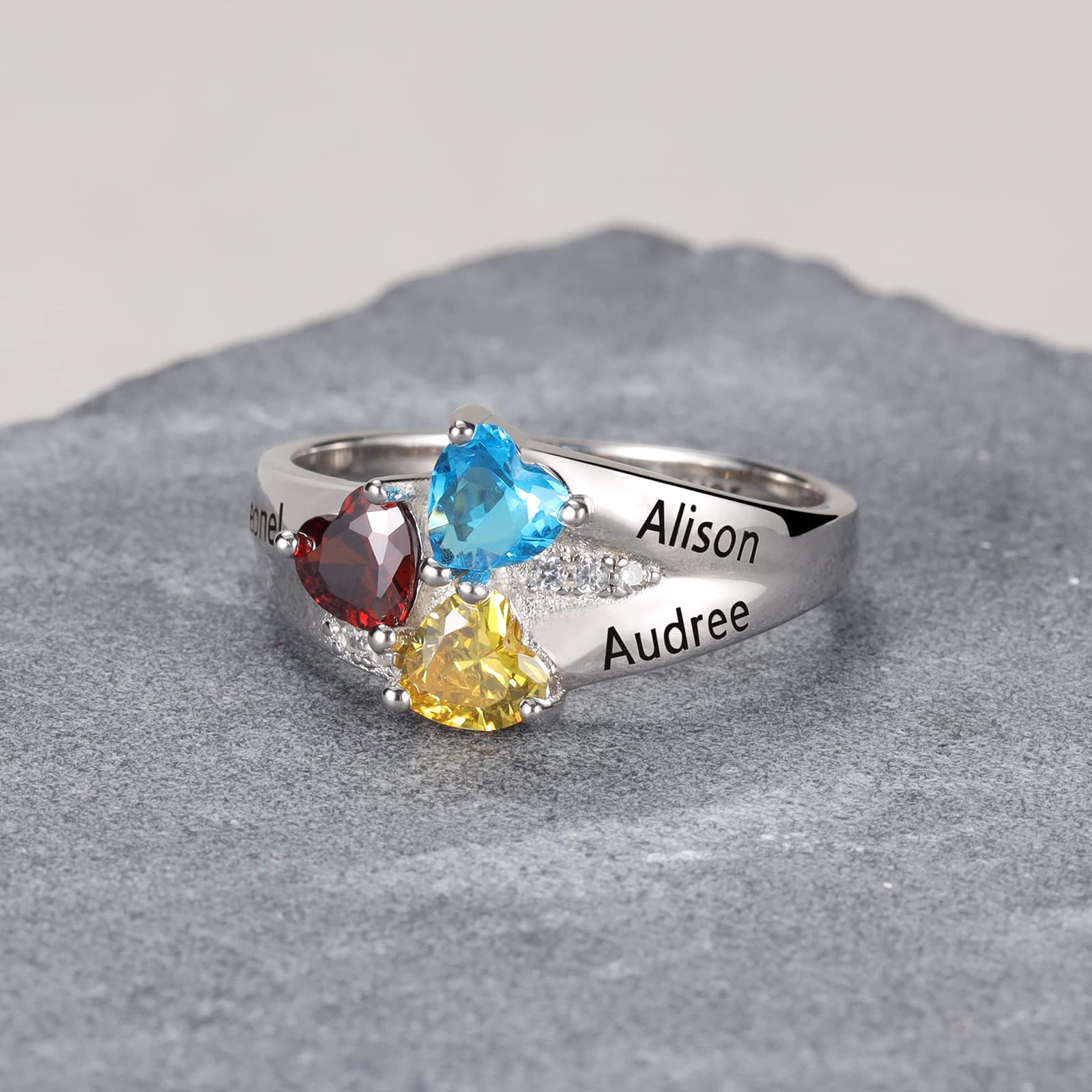 Personalized Sterling Silver Mothers Ring with 3 Birthstones - Custom Name Engraved Mom Ring for Women, Gift for Mother's Day, Grandma or Wife - Perfect for Anniversaries, Birthdays & Special Occasions