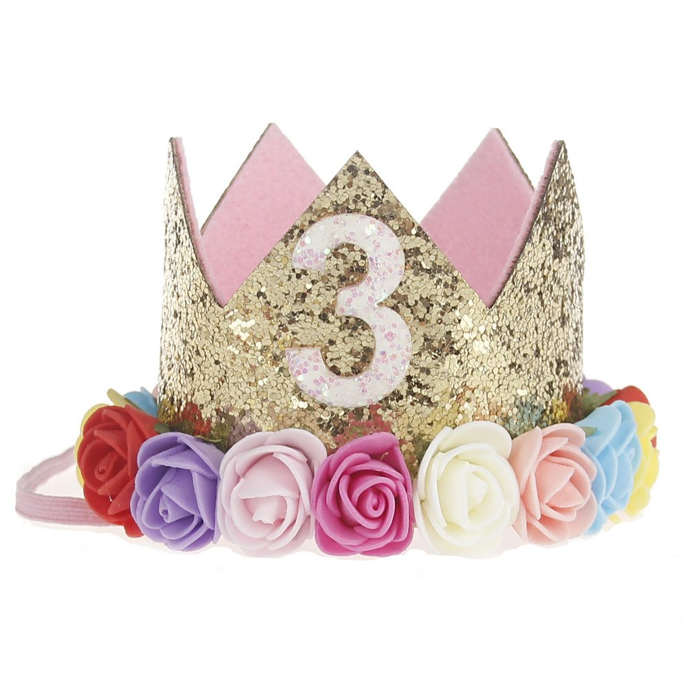 TVOIP Baby Princess Tiara Crown Set - Sparkling Gold Flower Headband with Artificial Roses for Girls' 1st Birthday Party, Photo Shoots & Dress Up (3-Piece Multicolor Tiara Collection)